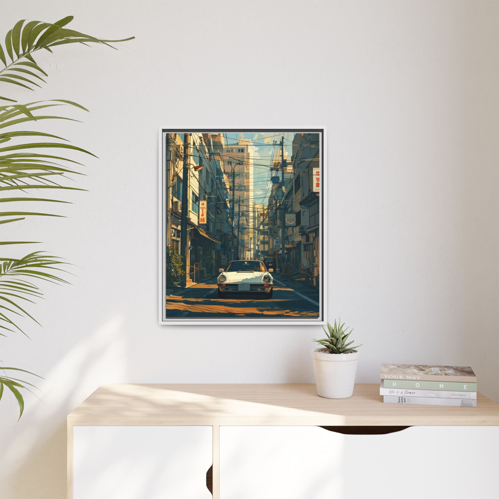 Vintage Sports Car Cityscape Framed Canvas Print