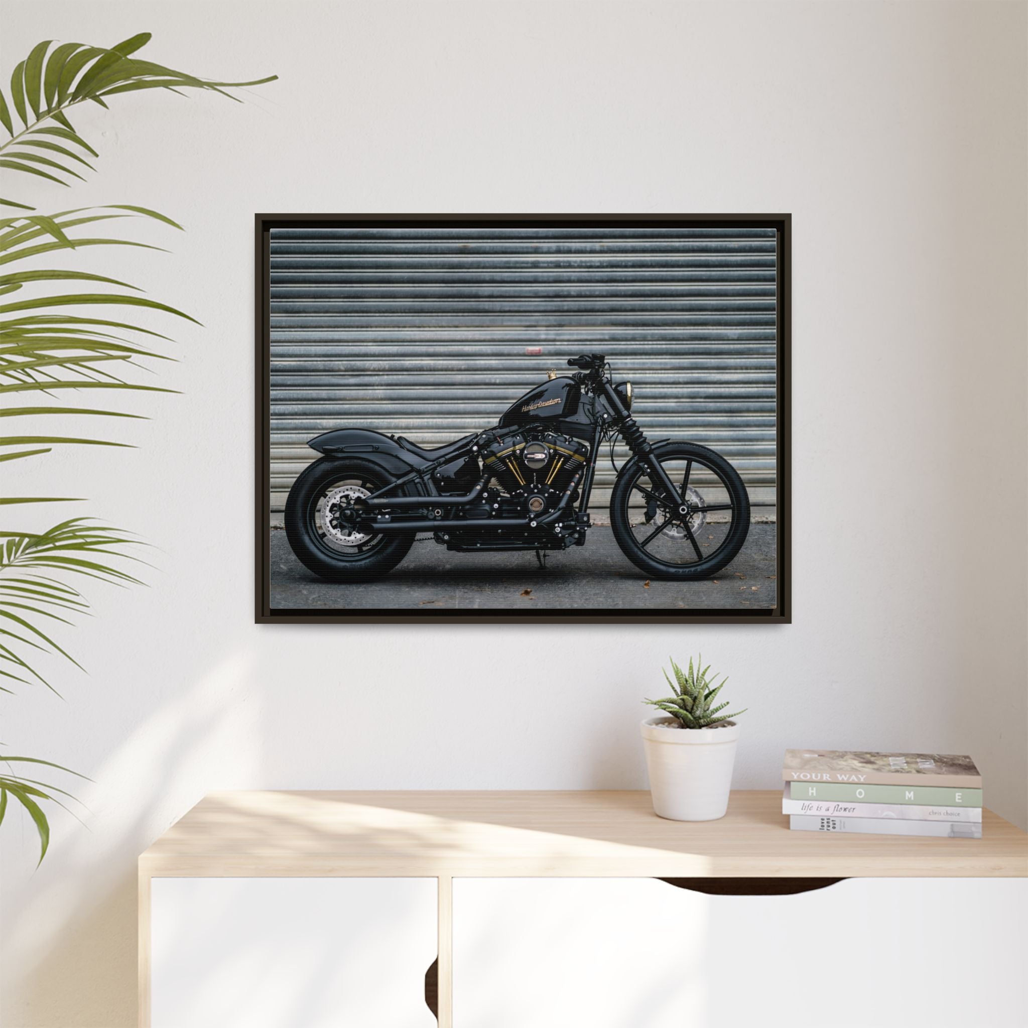 Framed Matte Canvas Motorcycle Print — Black Bobber Wall Art
