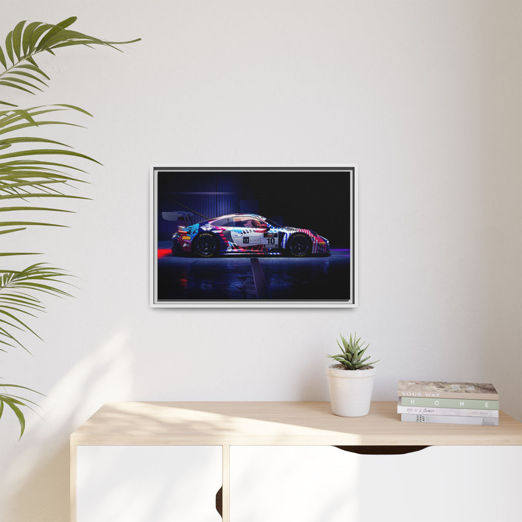 Framed Matte Canvas Print — Neon Racecar Wall Art