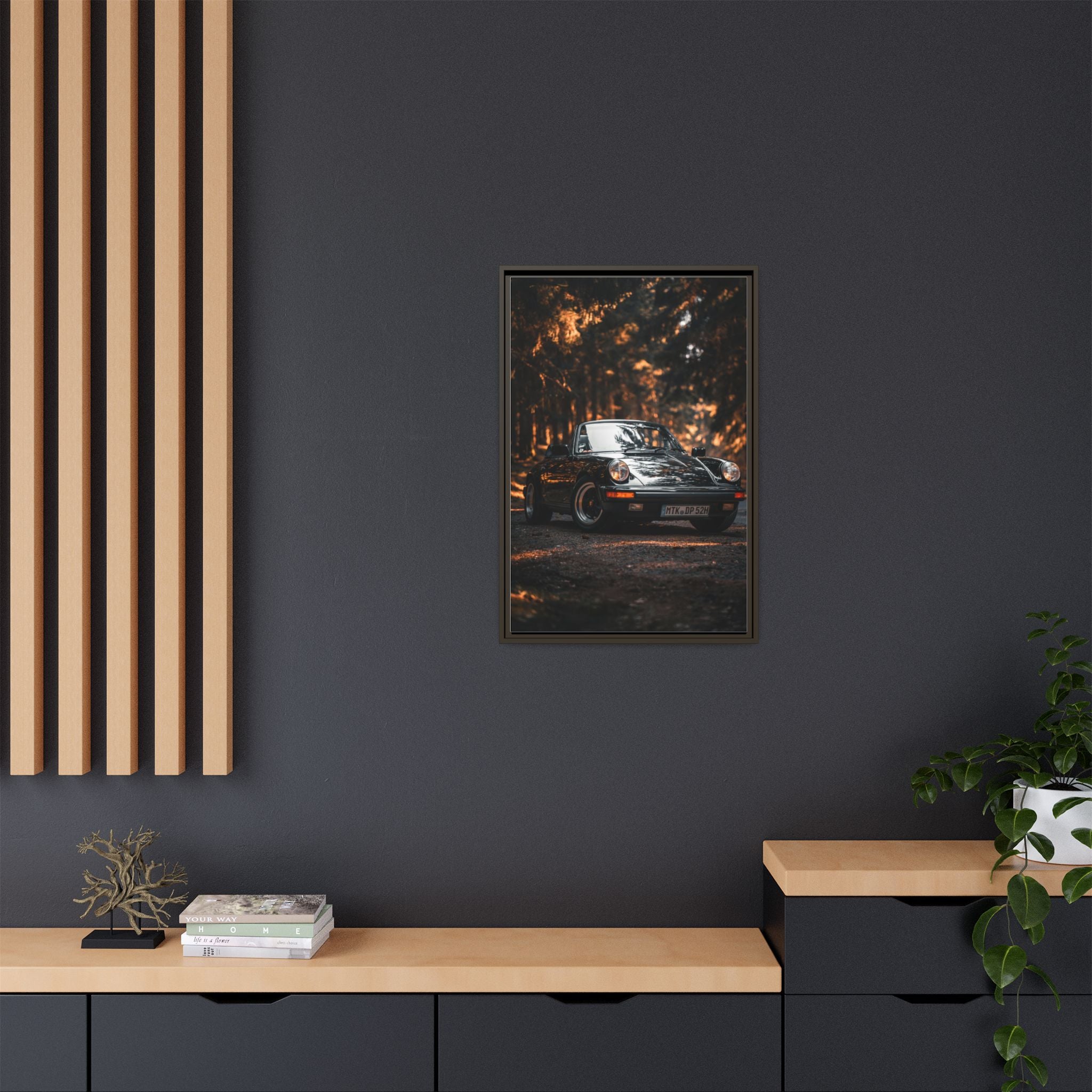 Framed Matte Canvas Print — Vintage Black Porsche in Autumn Forest