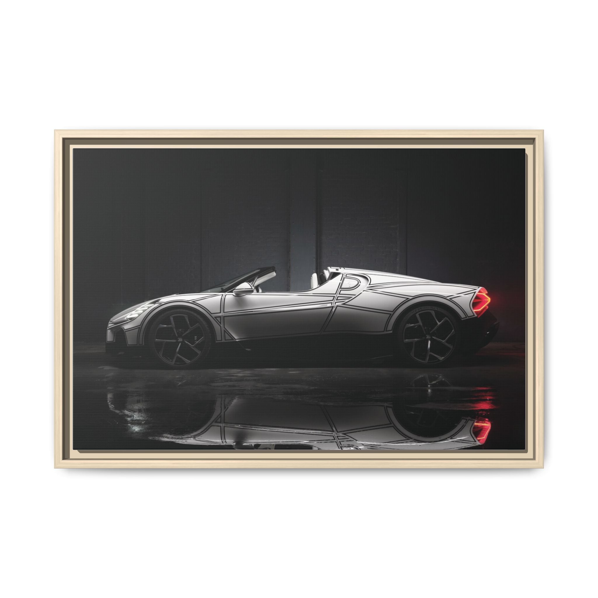 Framed Matte Canvas: Sleek Sports Car Reflection Wall Art