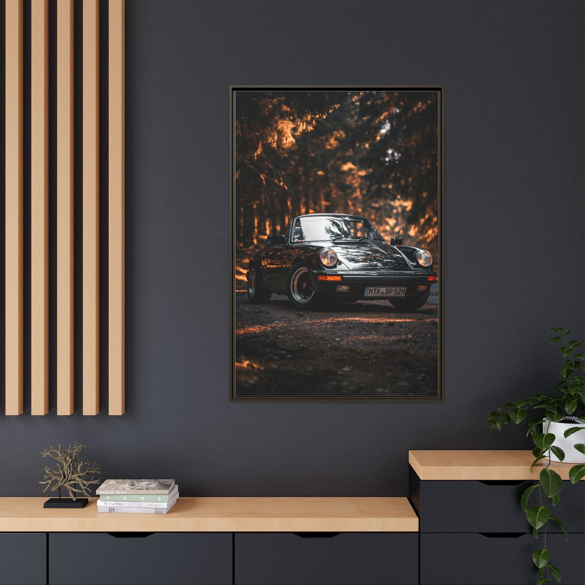 Framed Matte Canvas Print — Vintage Black Porsche in Autumn Forest