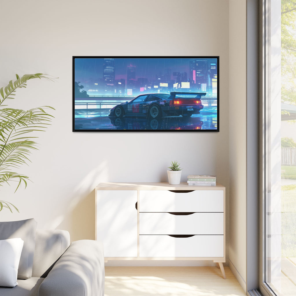 Retro Neon City Car Matte Canvas Print — Framed Wall Art