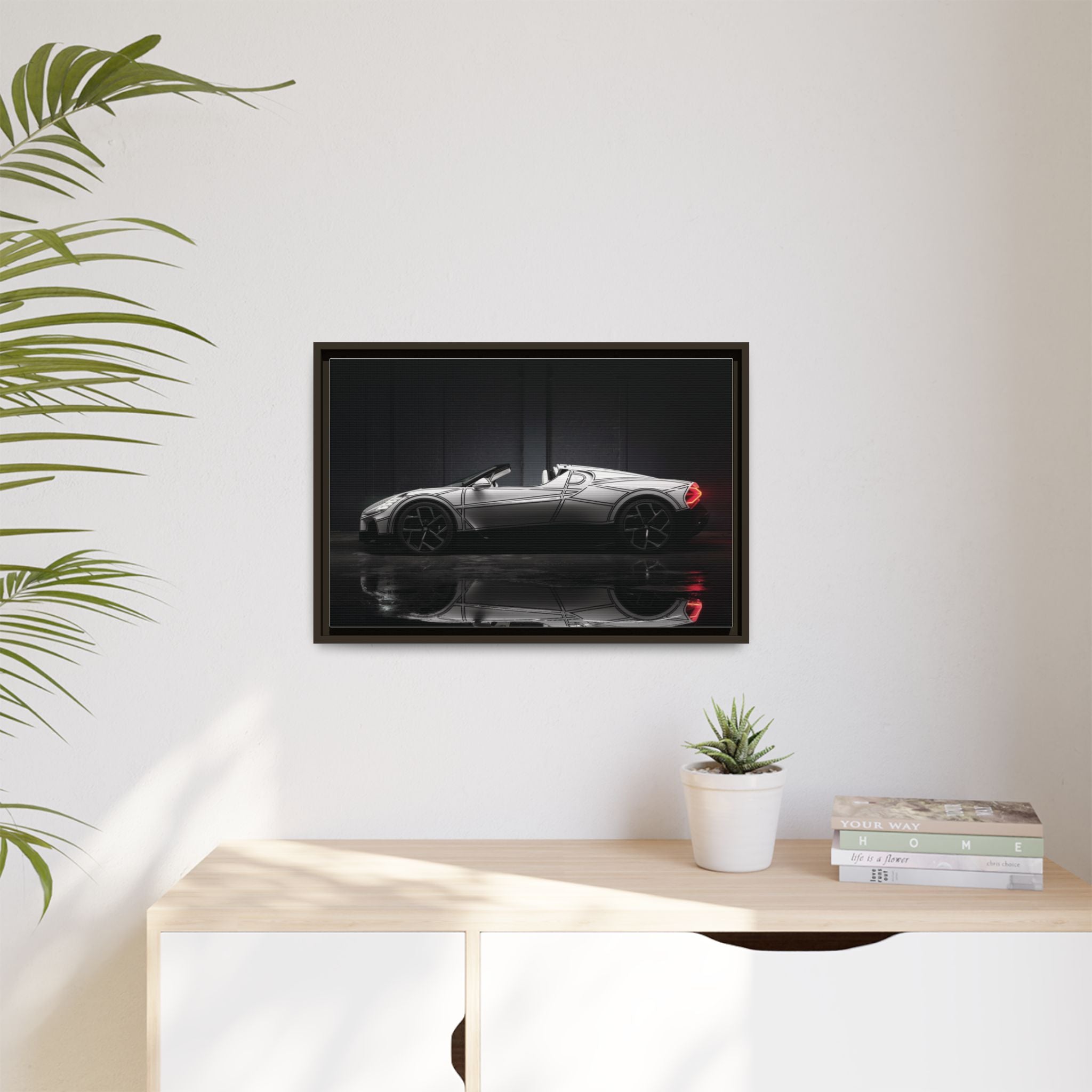 Framed Matte Canvas: Sleek Sports Car Reflection Wall Art