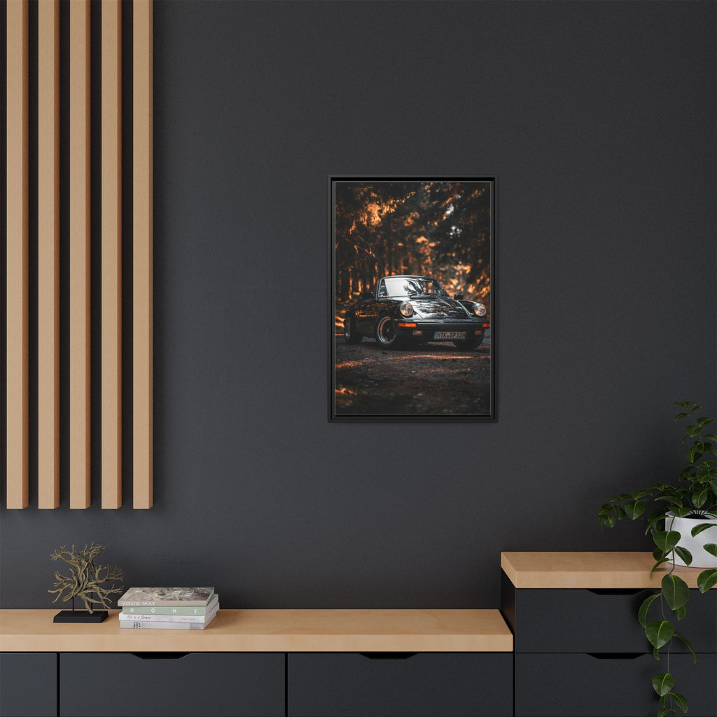 Framed Matte Canvas Print — Vintage Black Porsche in Autumn Forest