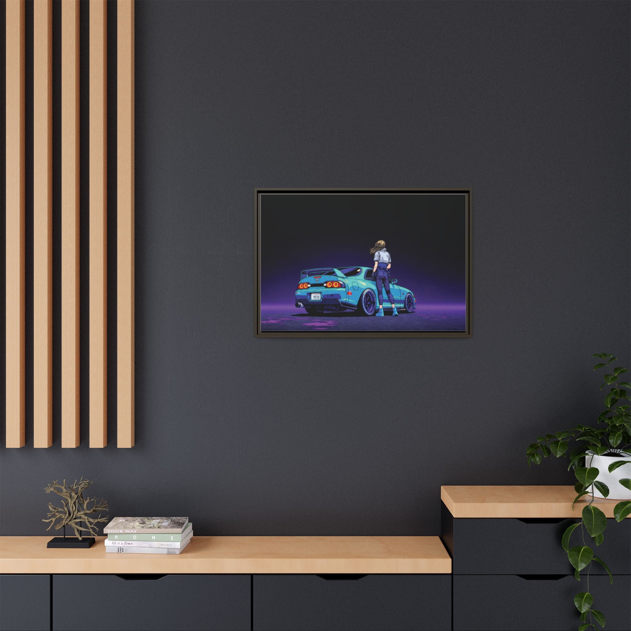 Retro Neon Race Car Poster Matte Canvas Framed | Anime Driver Wall Art