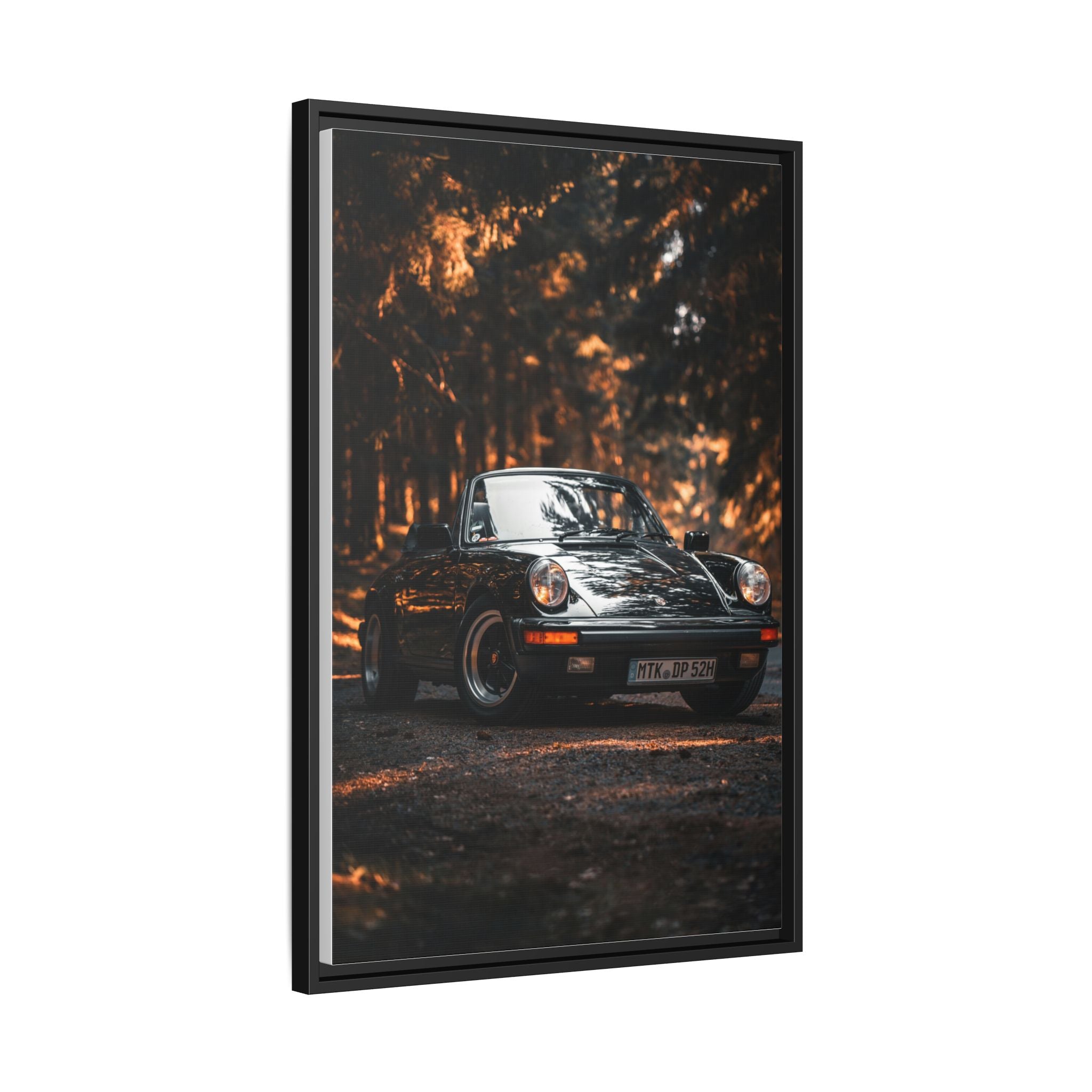 Framed Matte Canvas Print — Vintage Black Porsche in Autumn Forest
