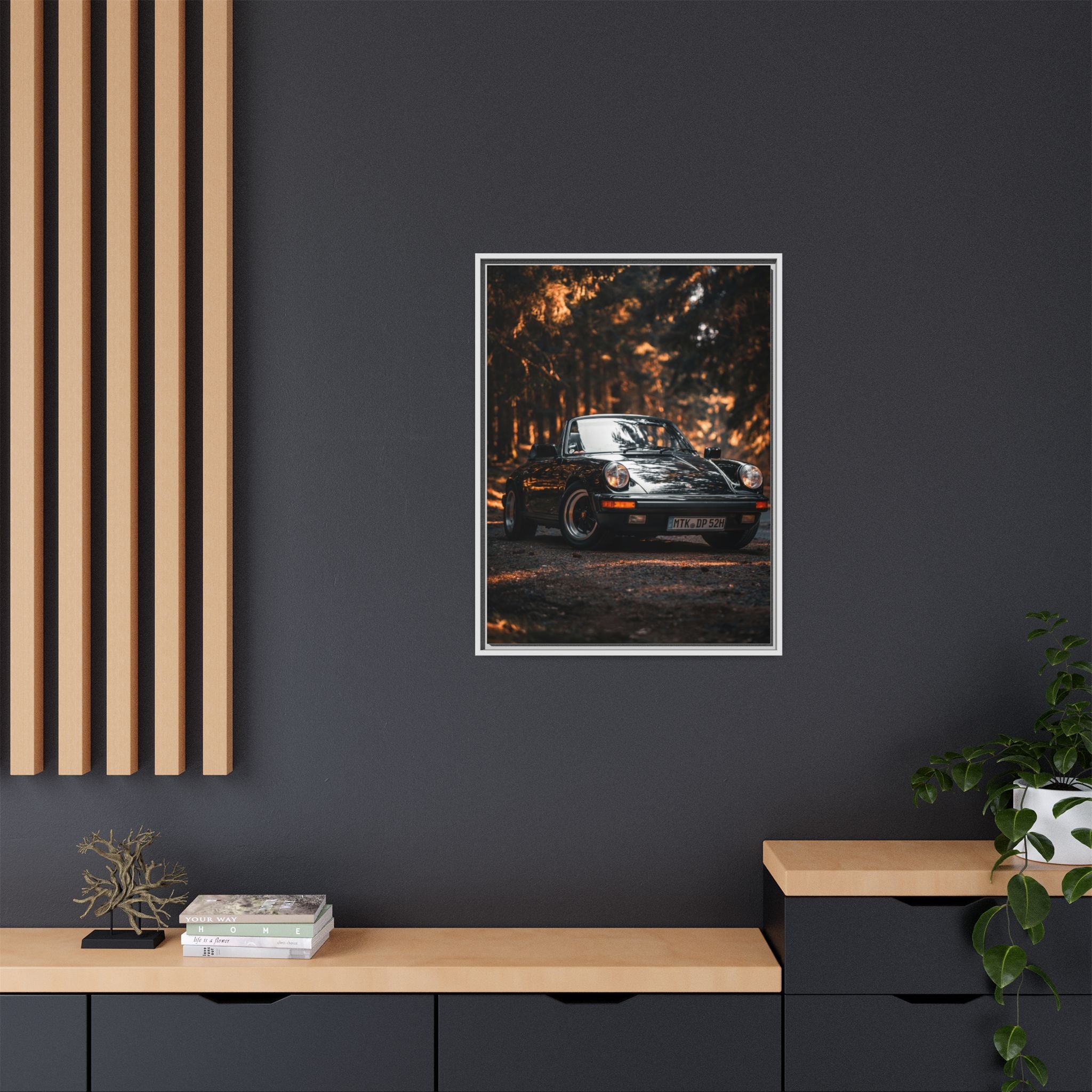 Framed Matte Canvas Print — Vintage Black Porsche in Autumn Forest