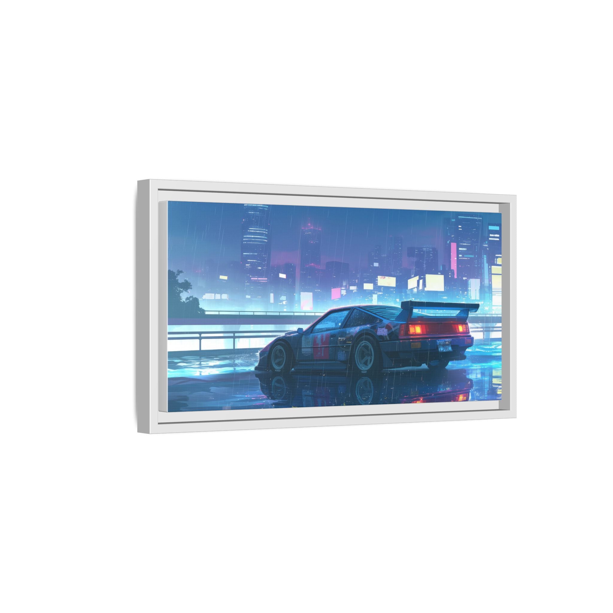 Retro Neon City Car Matte Canvas Print — Framed Wall Art