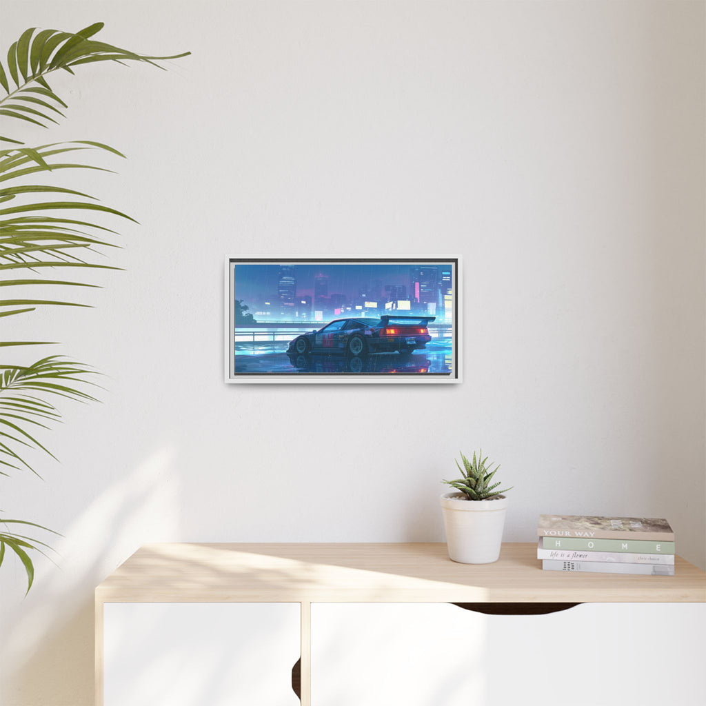 Retro Neon City Car Matte Canvas Print — Framed Wall Art