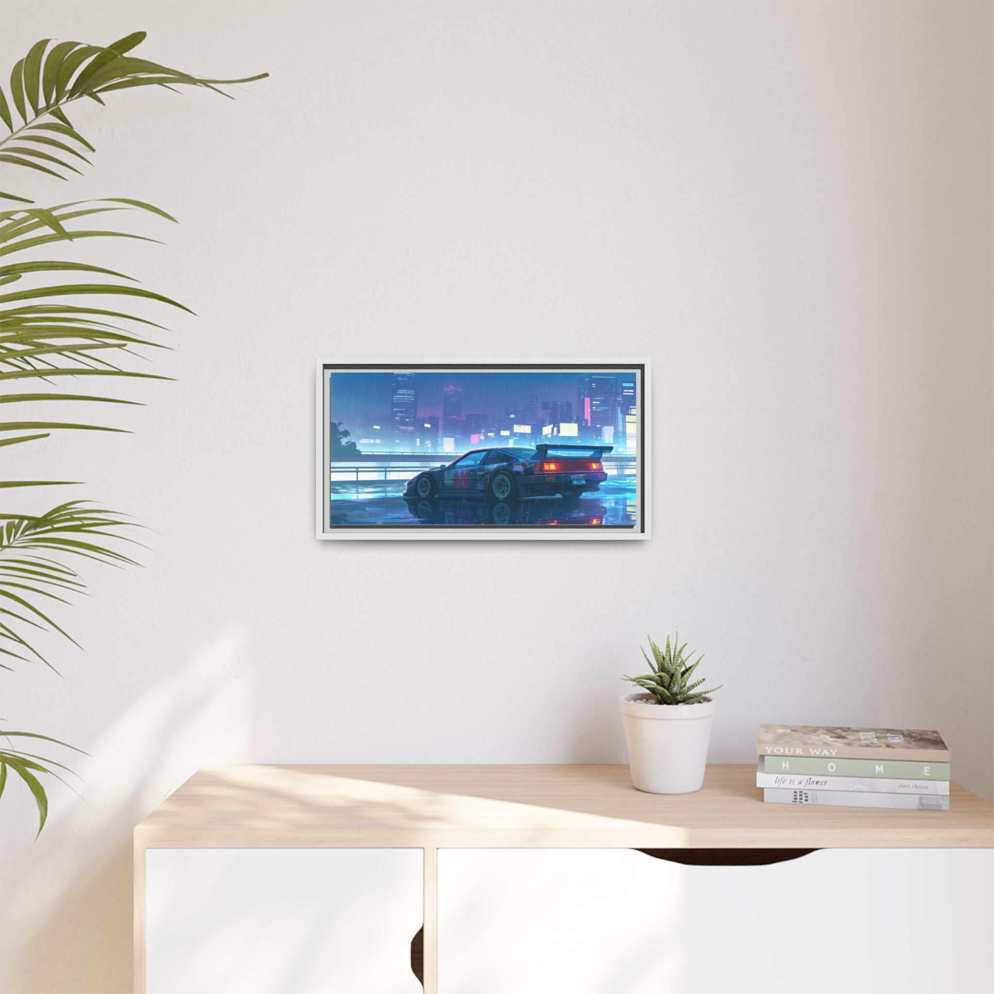 Retro Neon City Car Matte Canvas Print — Framed Wall Art