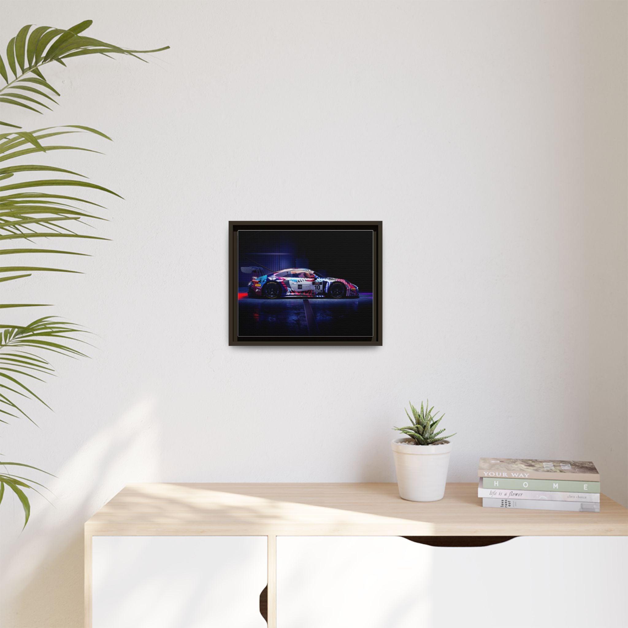Framed Matte Canvas Print — Neon Racecar Wall Art