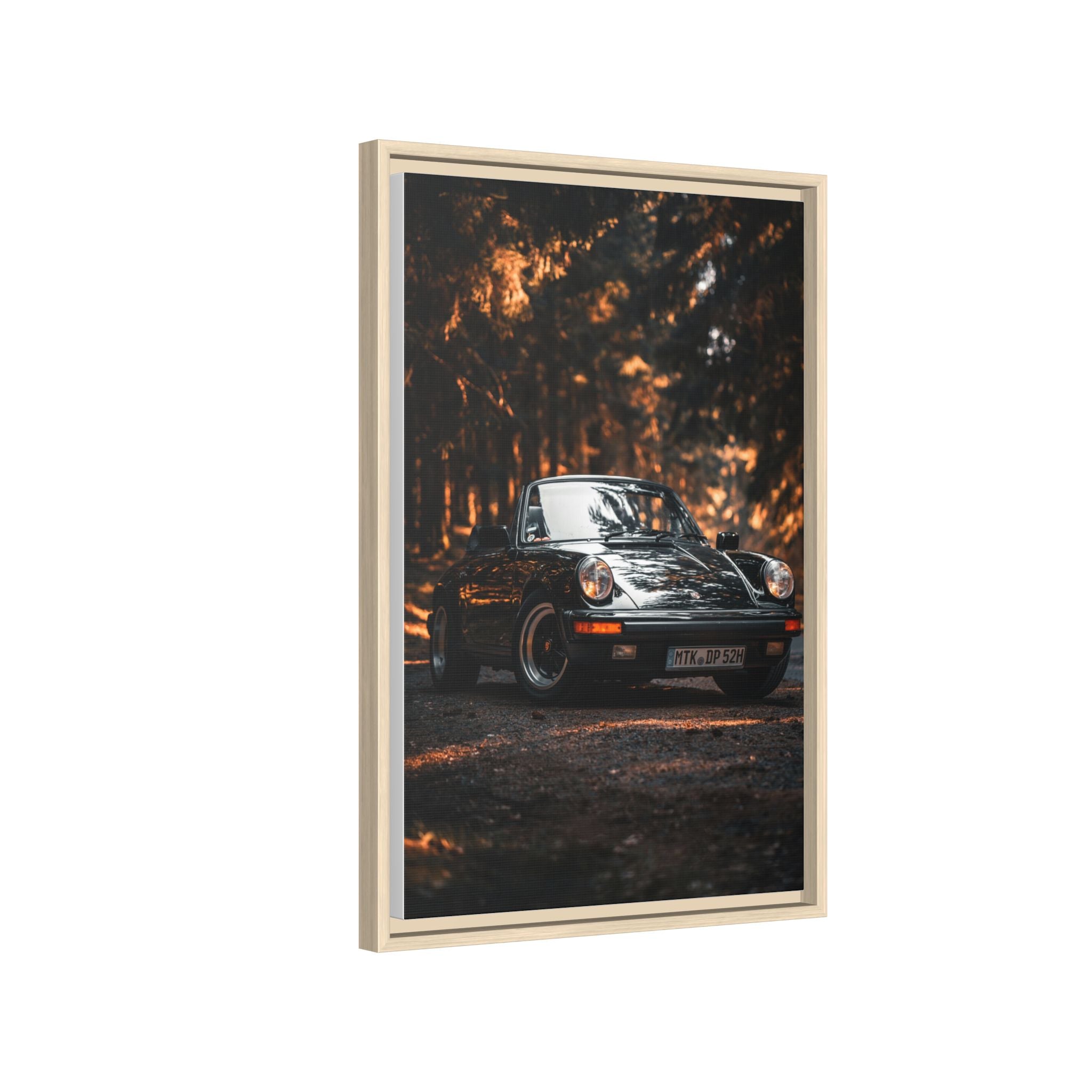 Framed Matte Canvas Print — Vintage Black Porsche in Autumn Forest