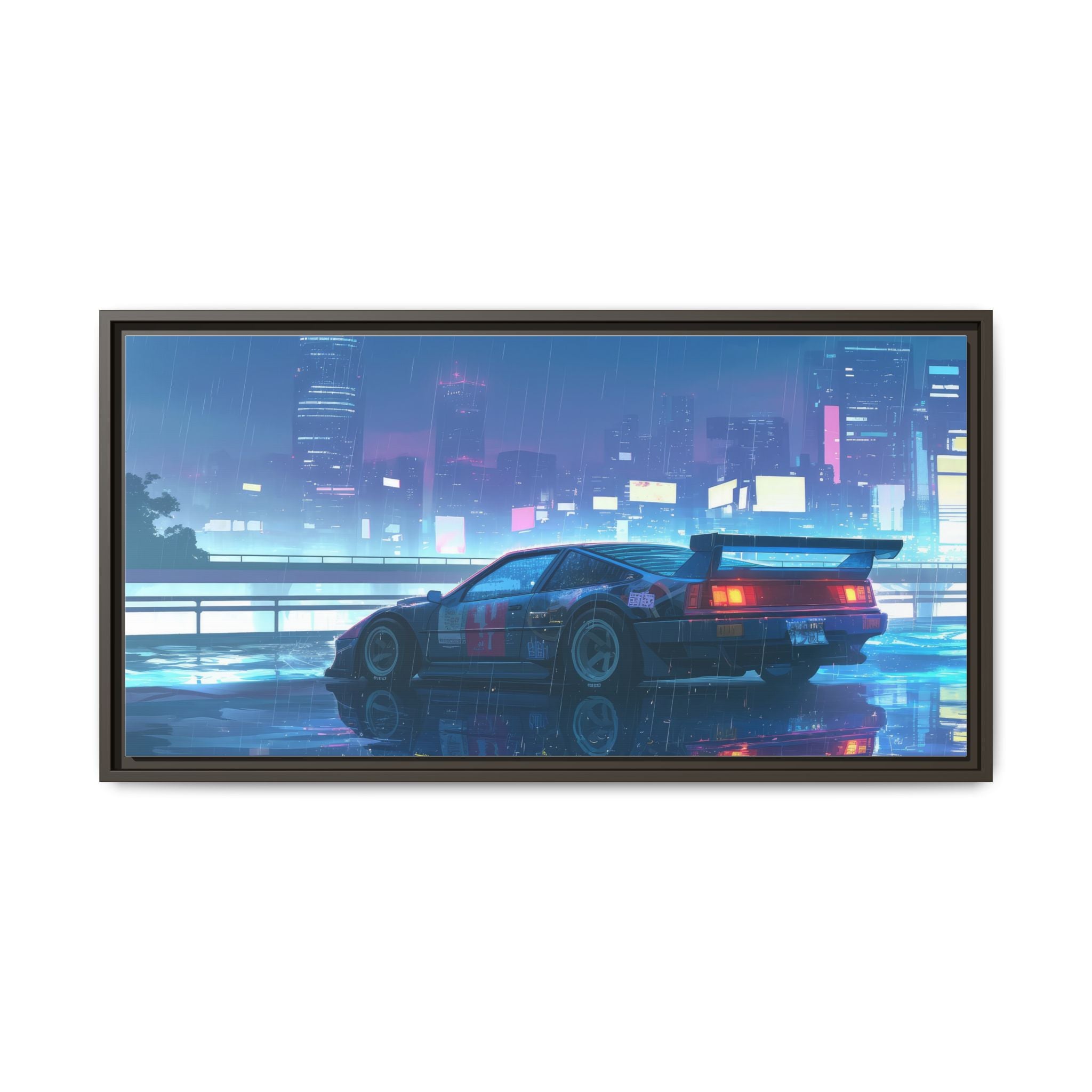 Retro Neon City Car Matte Canvas Print — Framed Wall Art