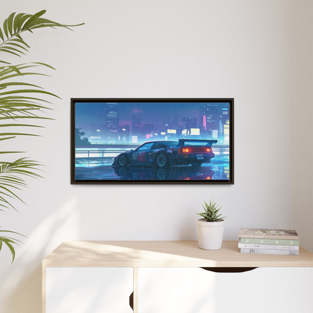 Retro Neon City Car Matte Canvas Print — Framed Wall Art