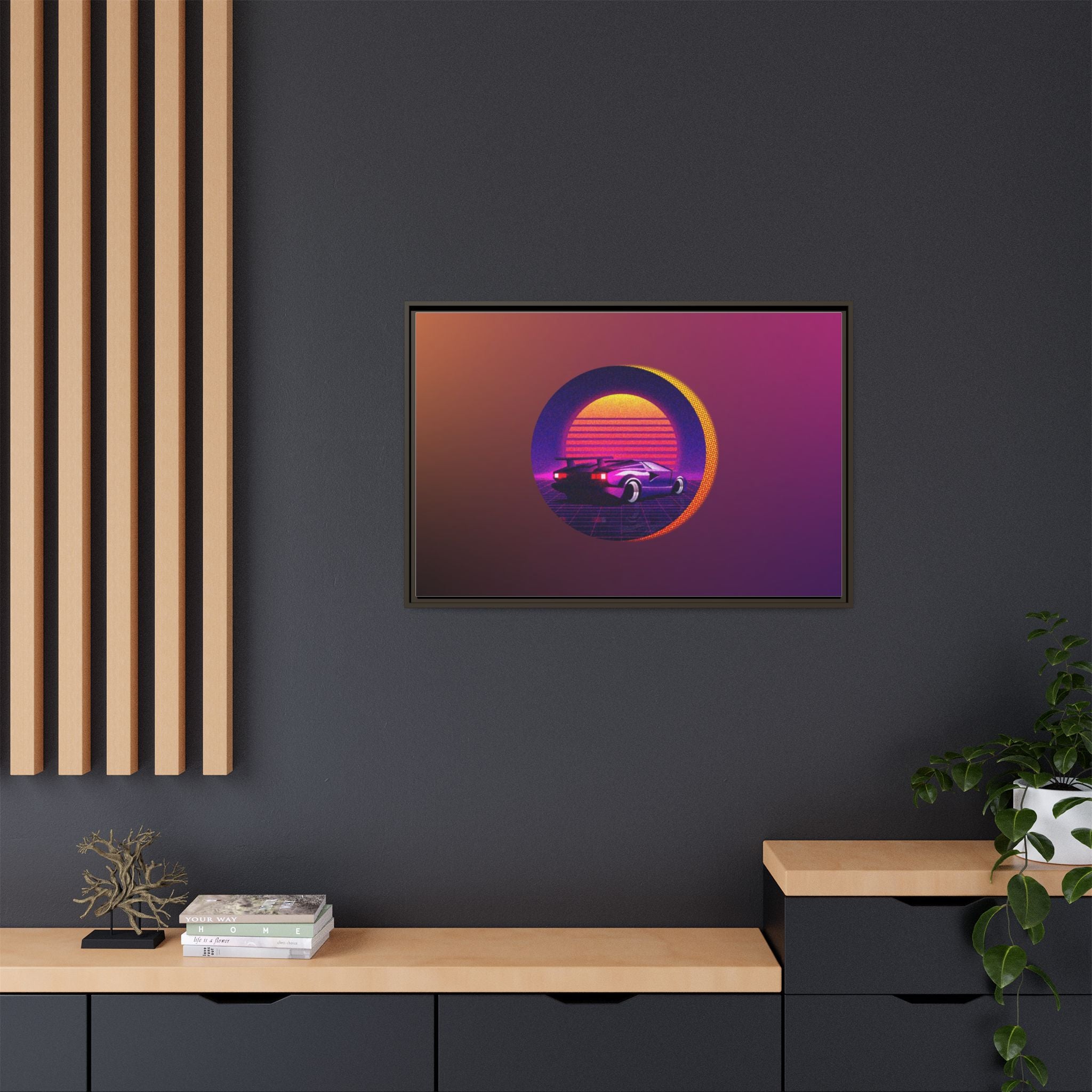 Retro Sunset Sports Car Matte Canvas Framed Wall Art