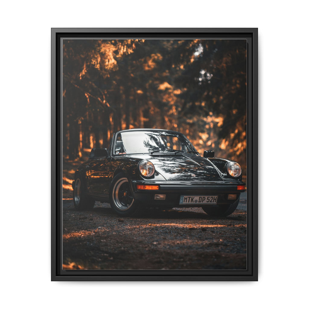 Framed Matte Canvas Print — Vintage Black Porsche in Autumn Forest