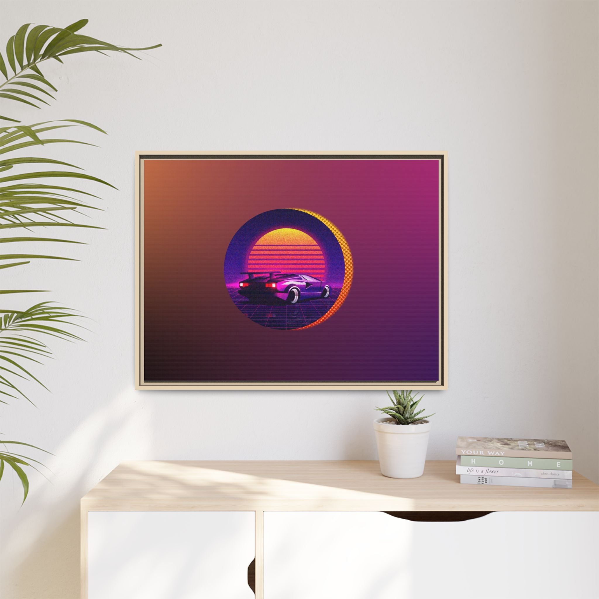 Retro Sunset Sports Car Matte Canvas Framed Wall Art
