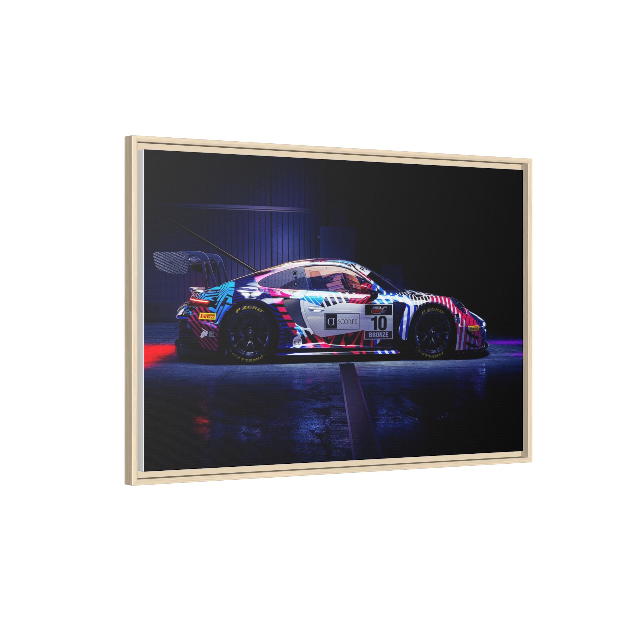 Framed Matte Canvas Print — Neon Racecar Wall Art