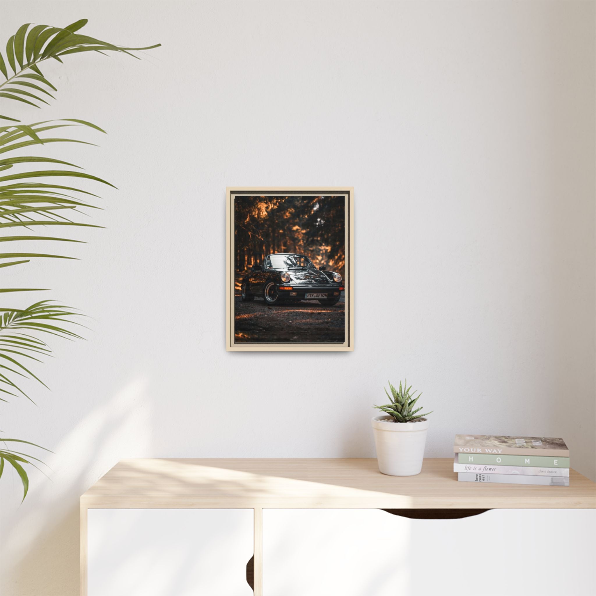 Framed Matte Canvas Print — Vintage Black Porsche in Autumn Forest