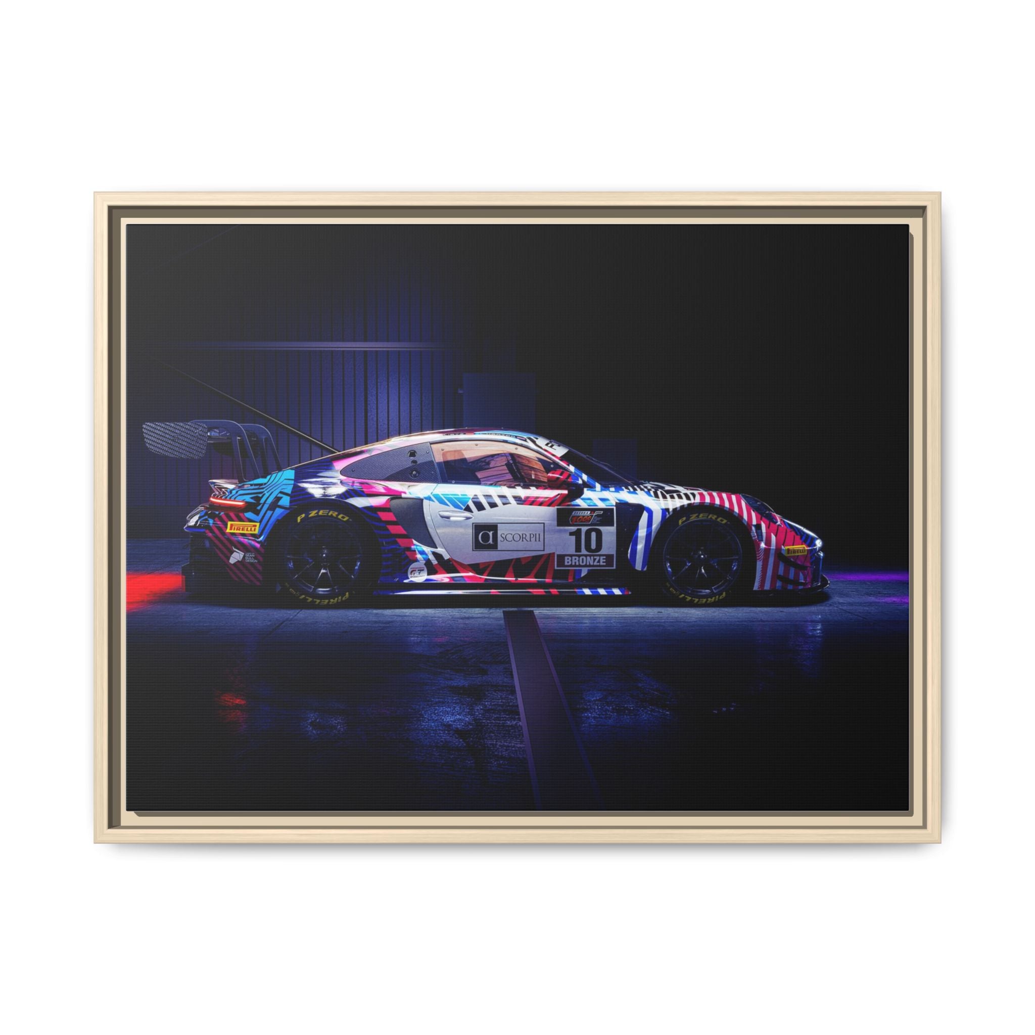 Framed Matte Canvas Print — Neon Racecar Wall Art