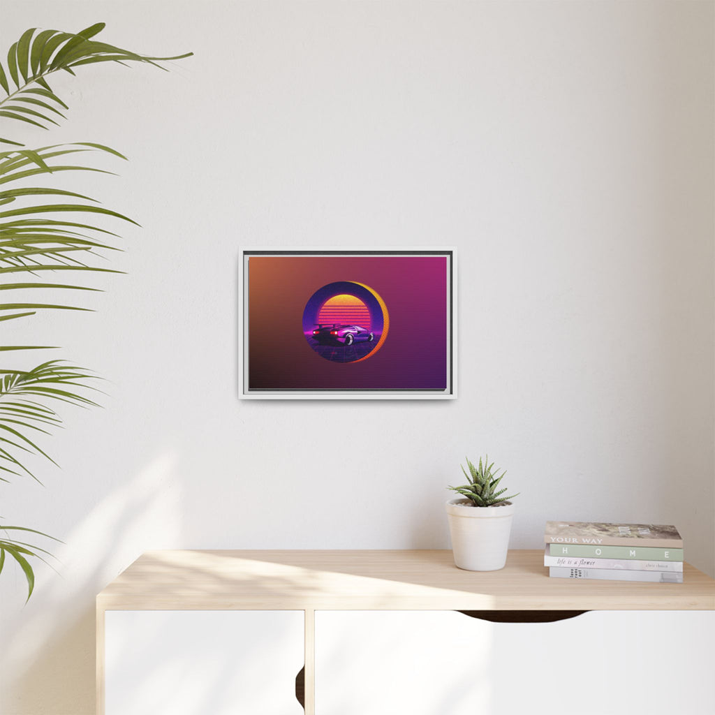 Retro Sunset Sports Car Matte Canvas Framed Wall Art