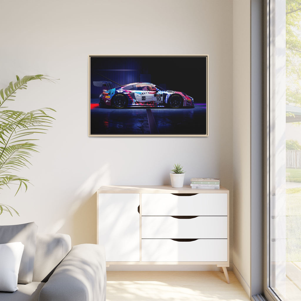 Framed Matte Canvas Print — Neon Racecar Wall Art
