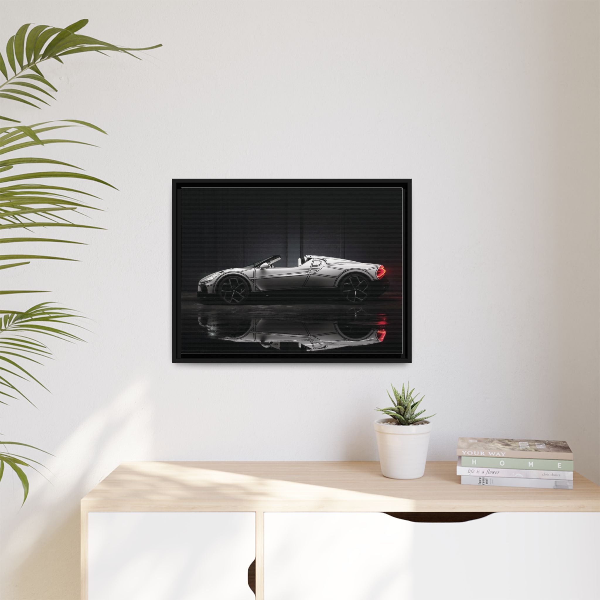 Framed Matte Canvas: Sleek Sports Car Reflection Wall Art