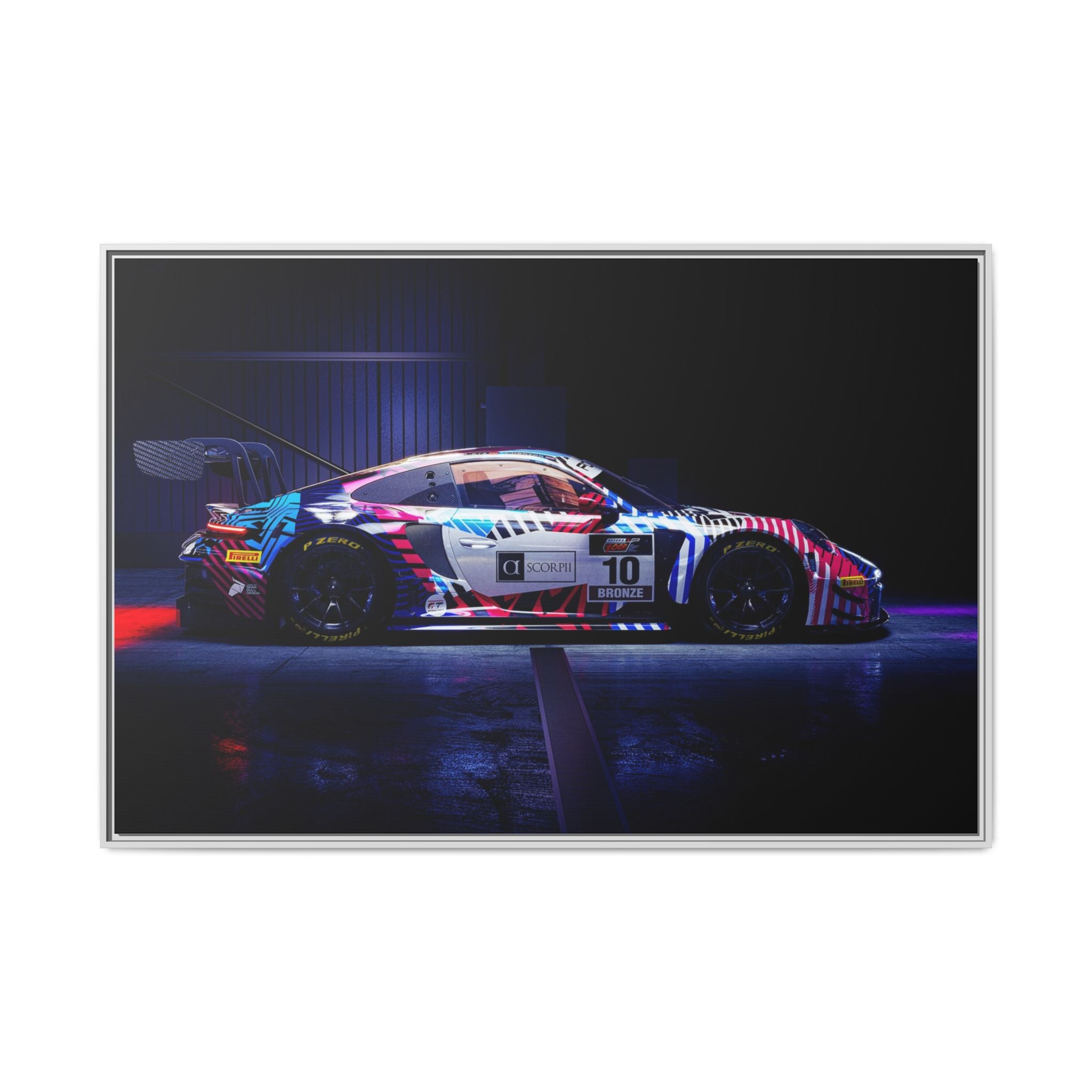 Framed Matte Canvas Print — Neon Racecar Wall Art