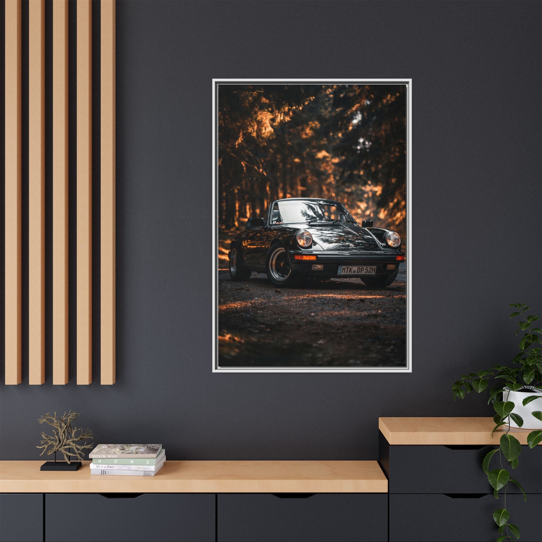 Framed Matte Canvas Print — Vintage Black Porsche in Autumn Forest