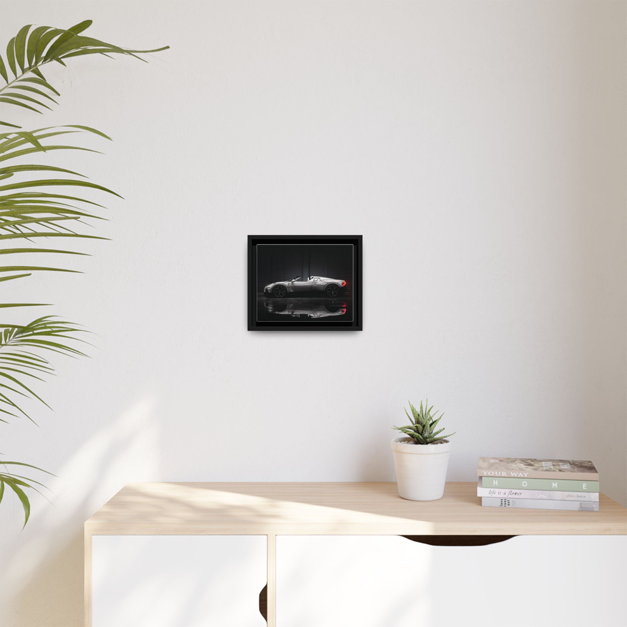 Framed Matte Canvas: Sleek Sports Car Reflection Wall Art