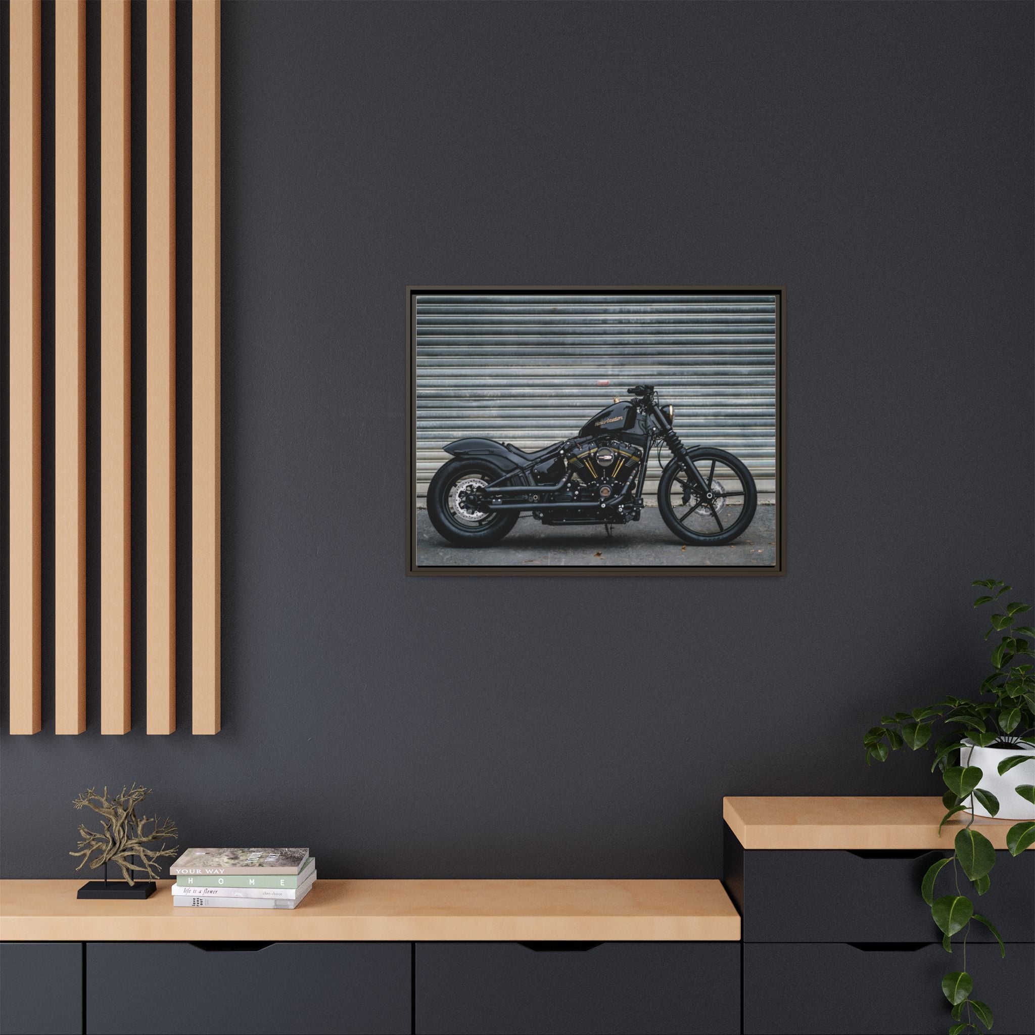 Framed Matte Canvas Motorcycle Print — Black Bobber Wall Art