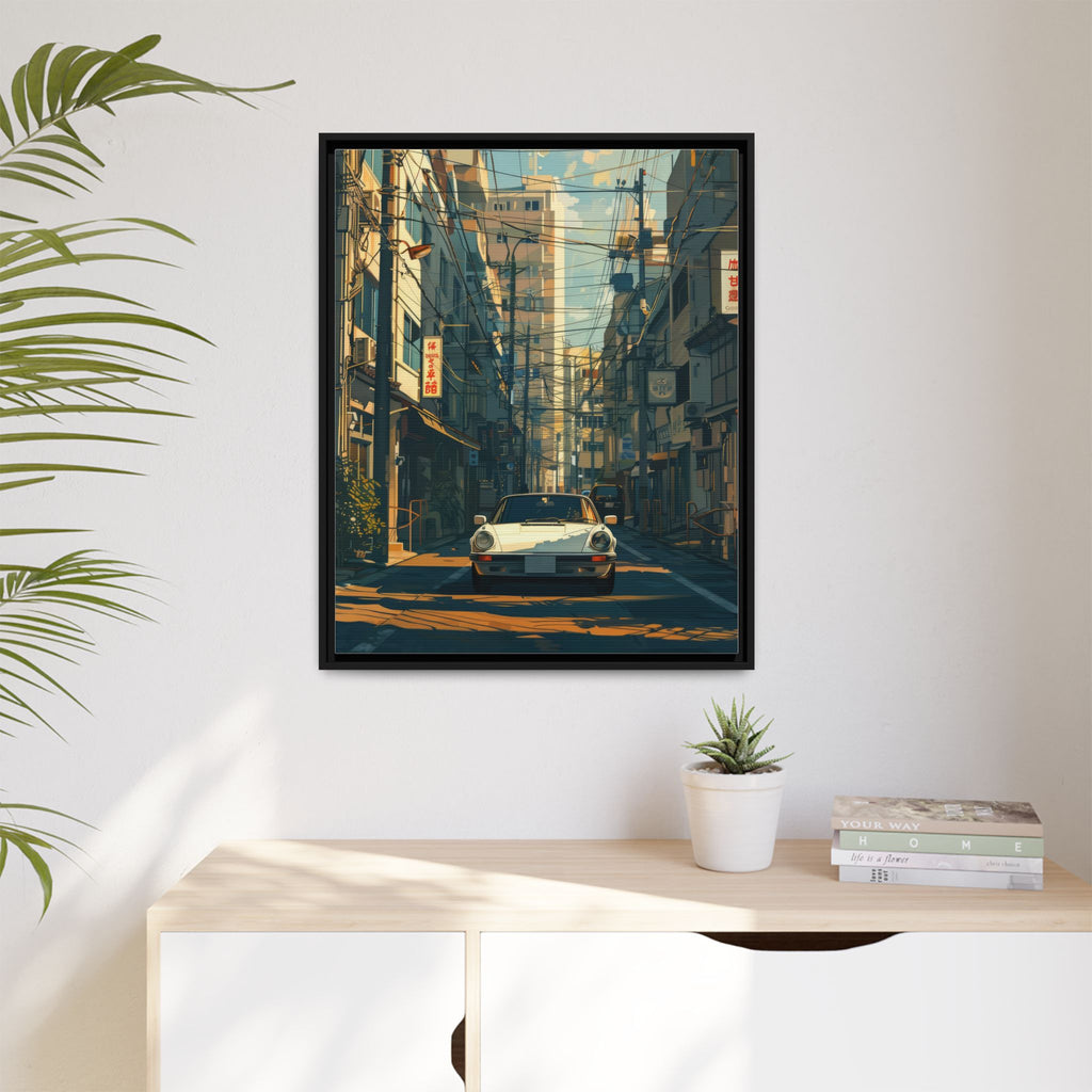 Vintage Sports Car Cityscape Framed Canvas Print