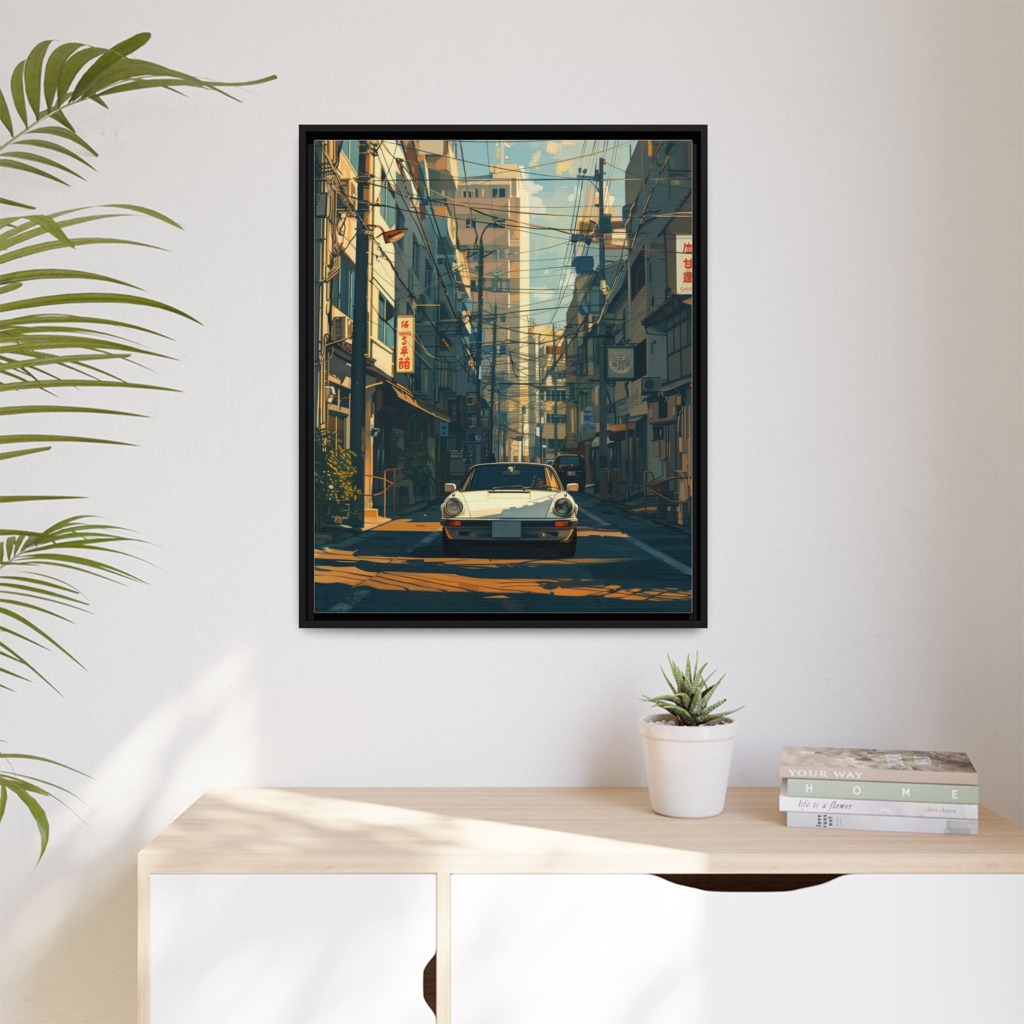 Vintage Sports Car Cityscape Framed Canvas Print