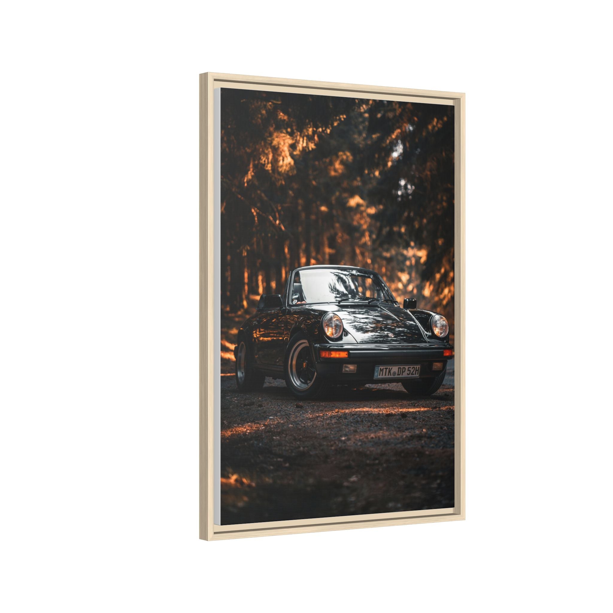 Framed Matte Canvas Print — Vintage Black Porsche in Autumn Forest