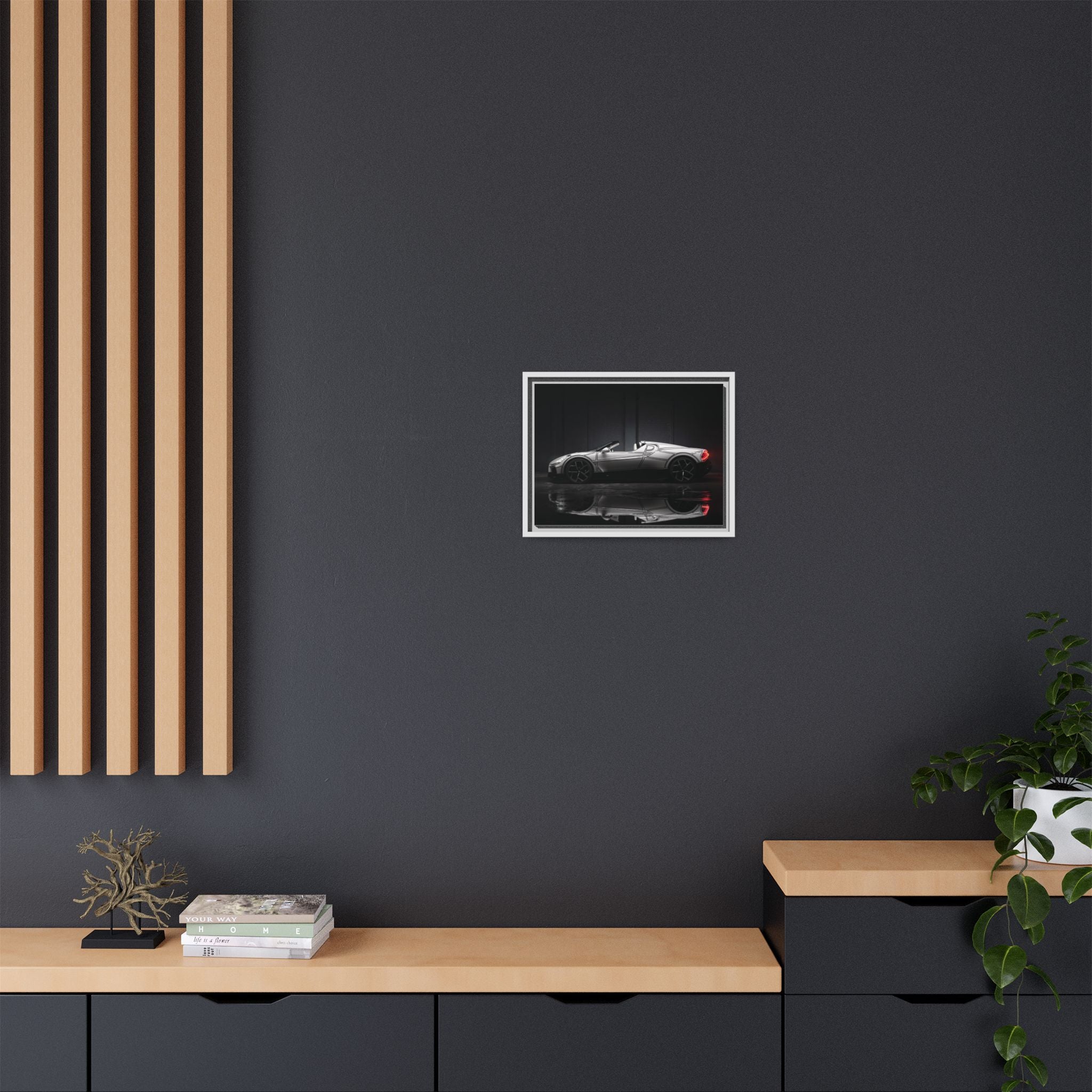 Framed Matte Canvas: Sleek Sports Car Reflection Wall Art