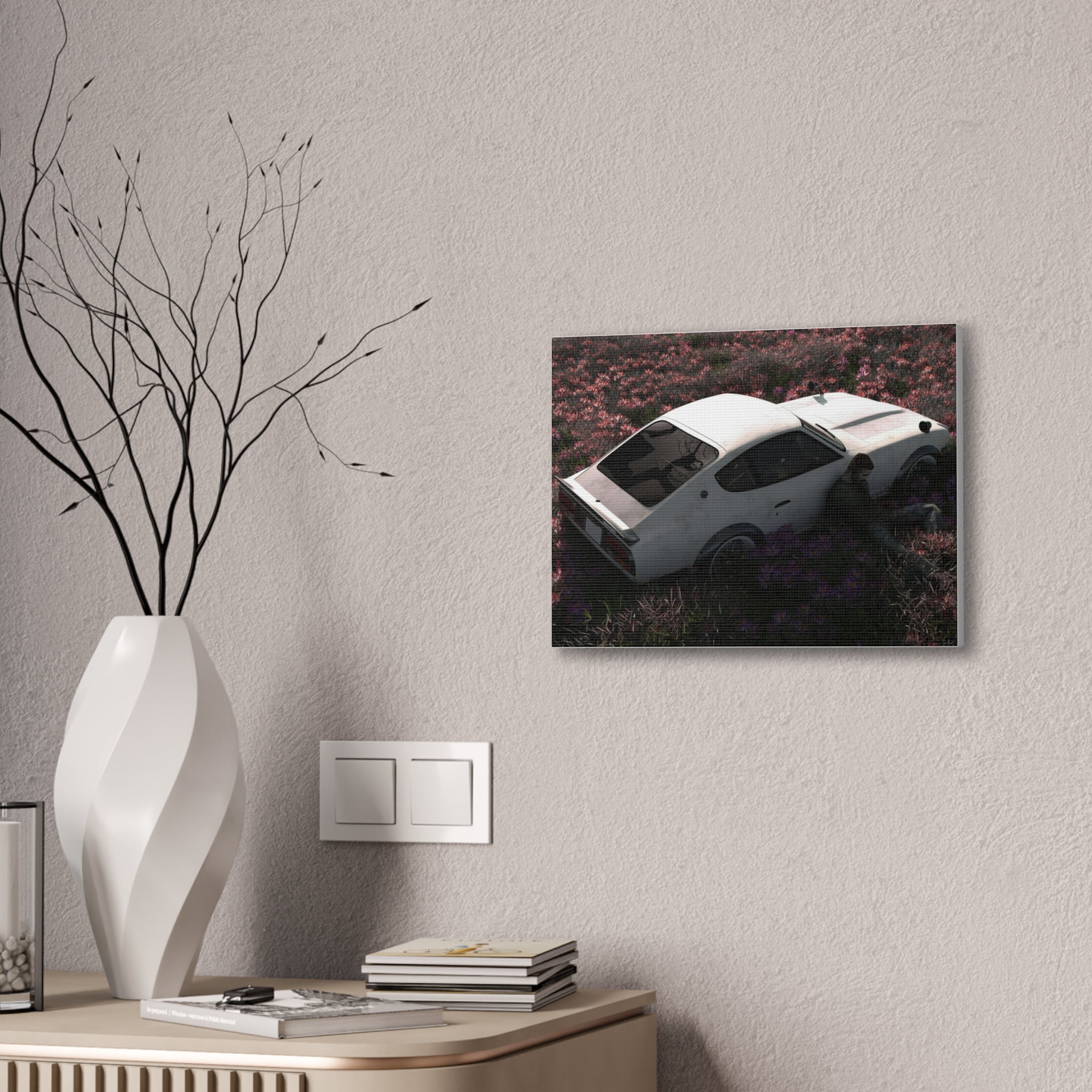 Vintage White Datsun in Wildflower Field Canvas