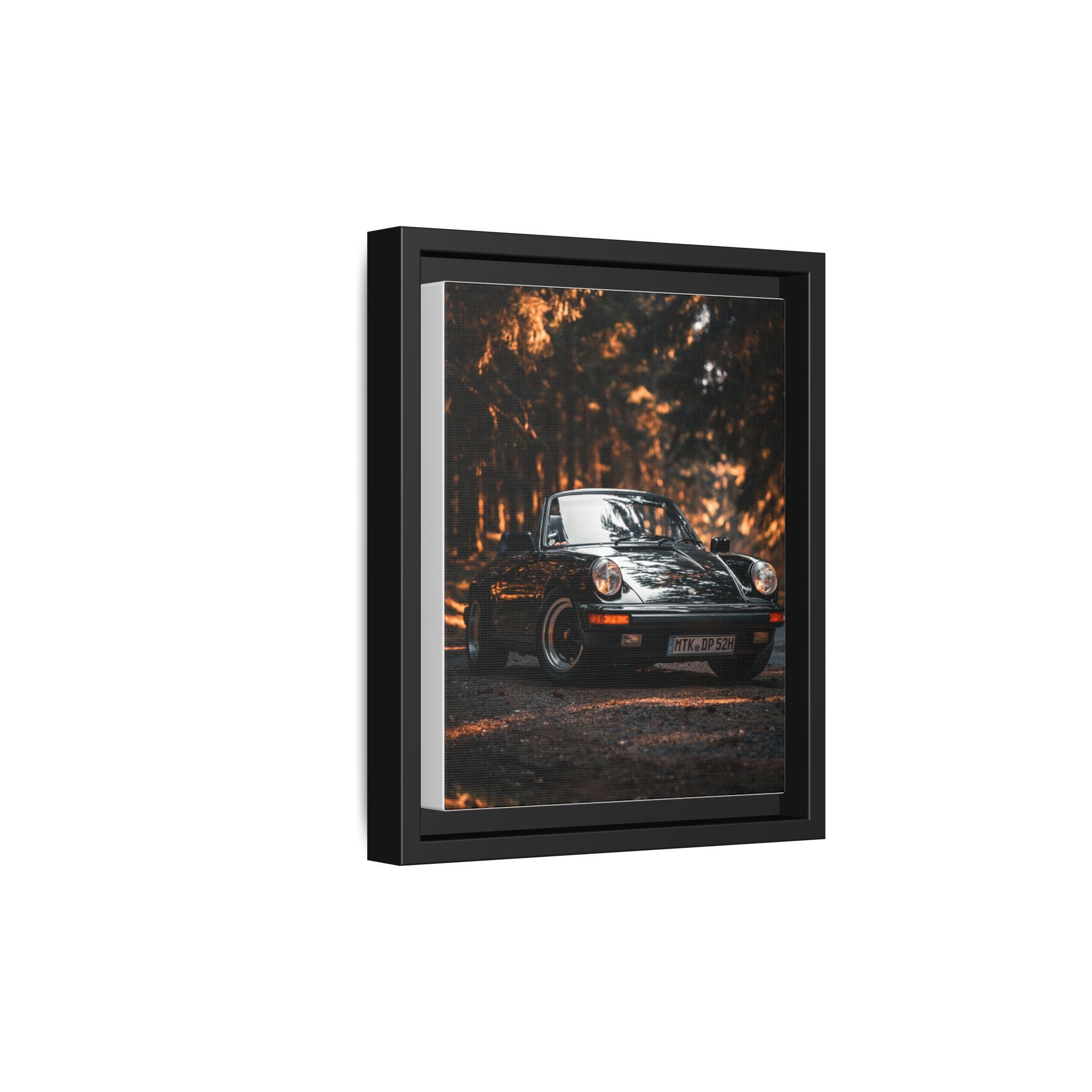 Framed Matte Canvas Print — Vintage Black Porsche in Autumn Forest