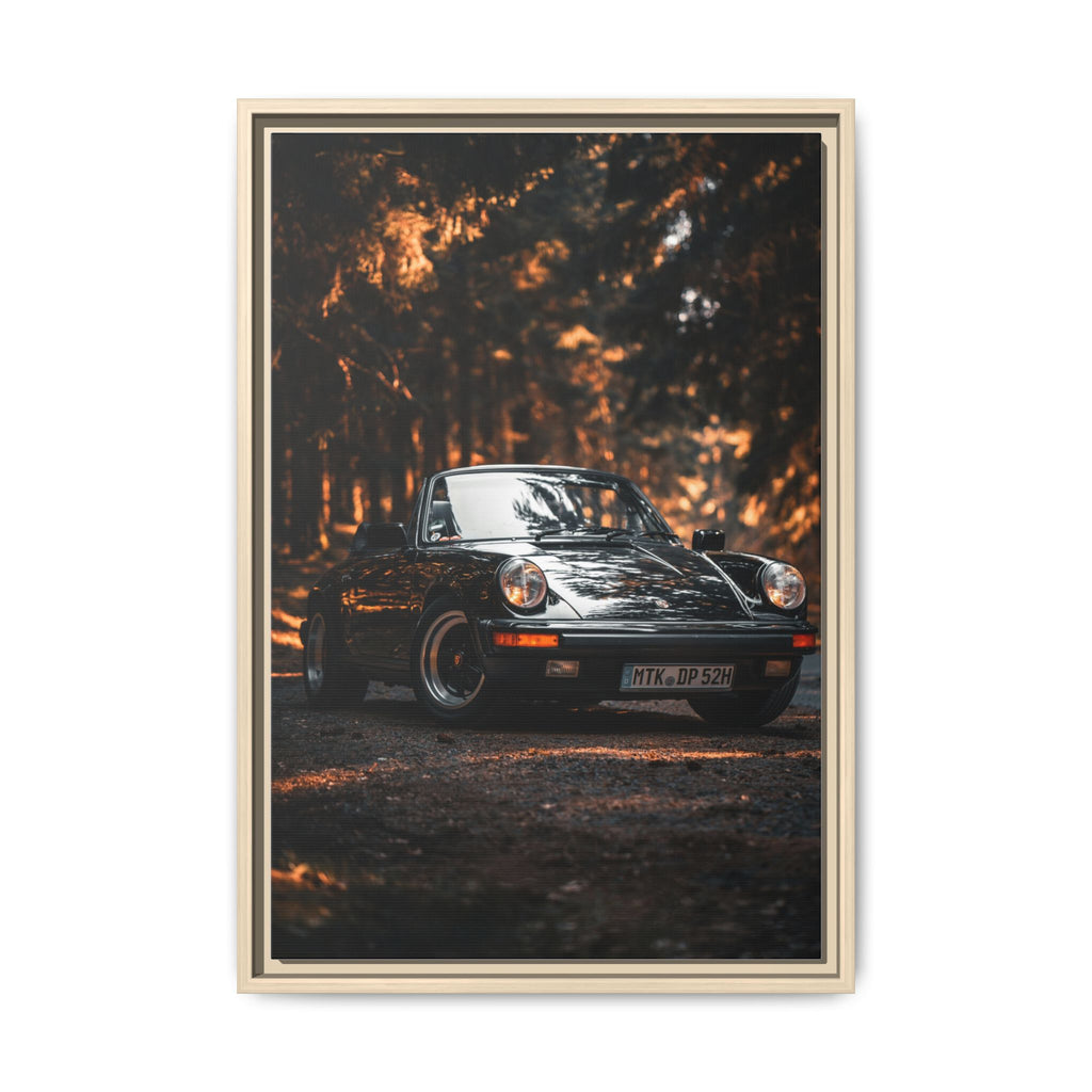 Framed Matte Canvas Print — Vintage Black Porsche in Autumn Forest