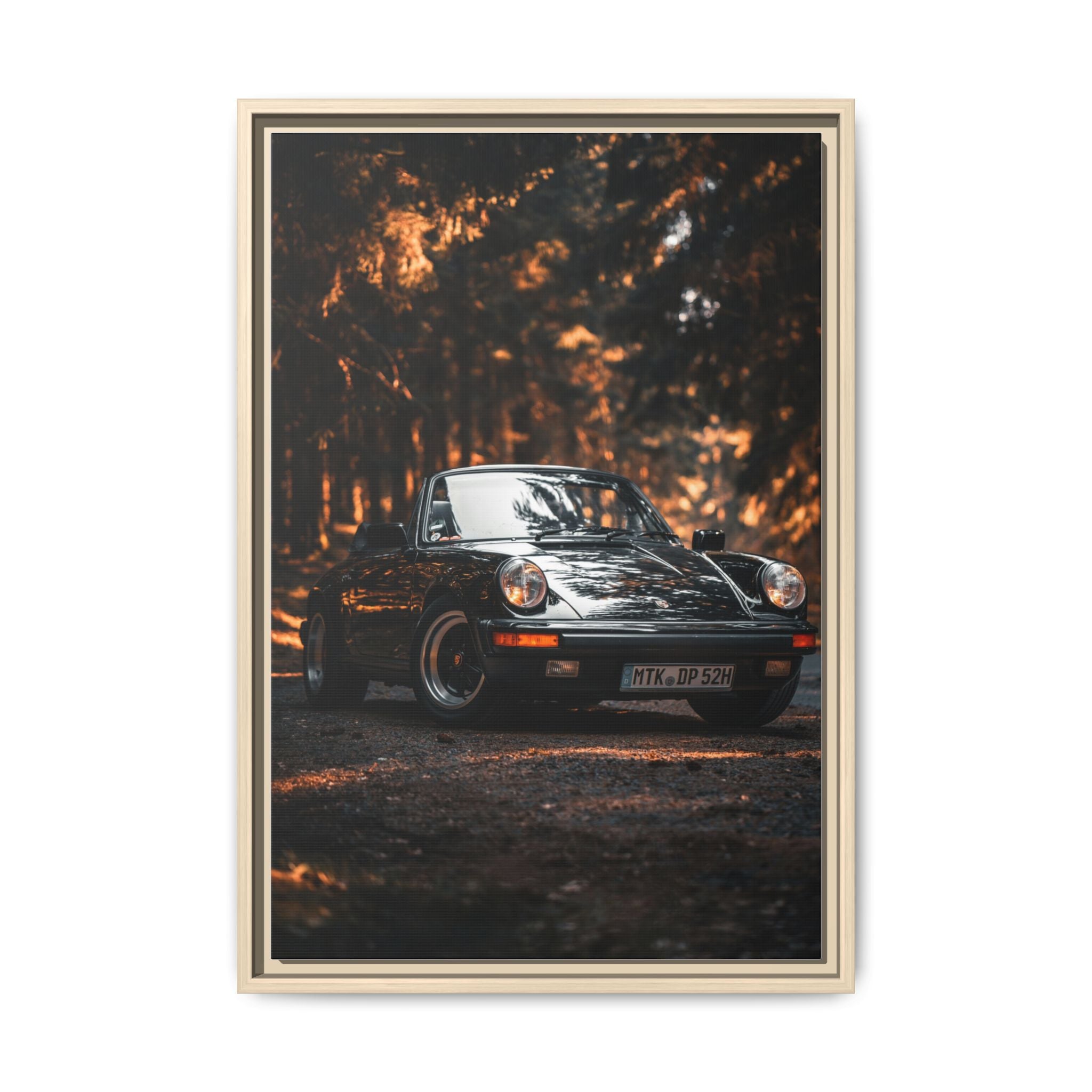 Framed Matte Canvas Print — Vintage Black Porsche in Autumn Forest