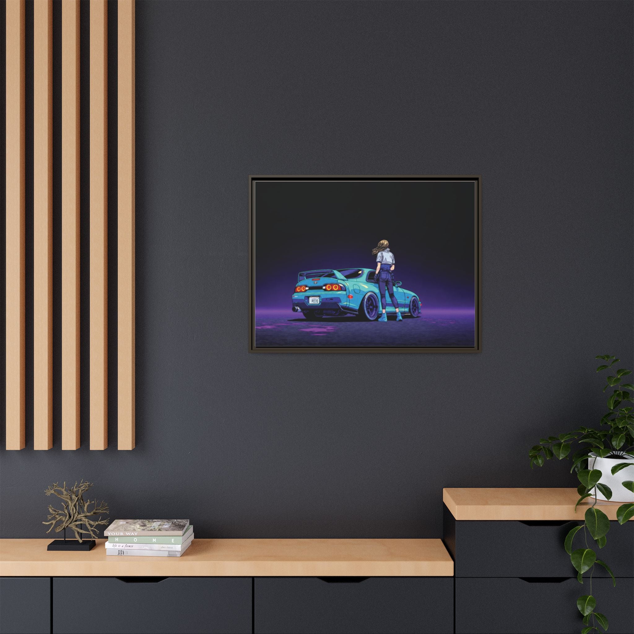 Retro Neon Race Car Poster Matte Canvas Framed | Anime Driver Wall Art