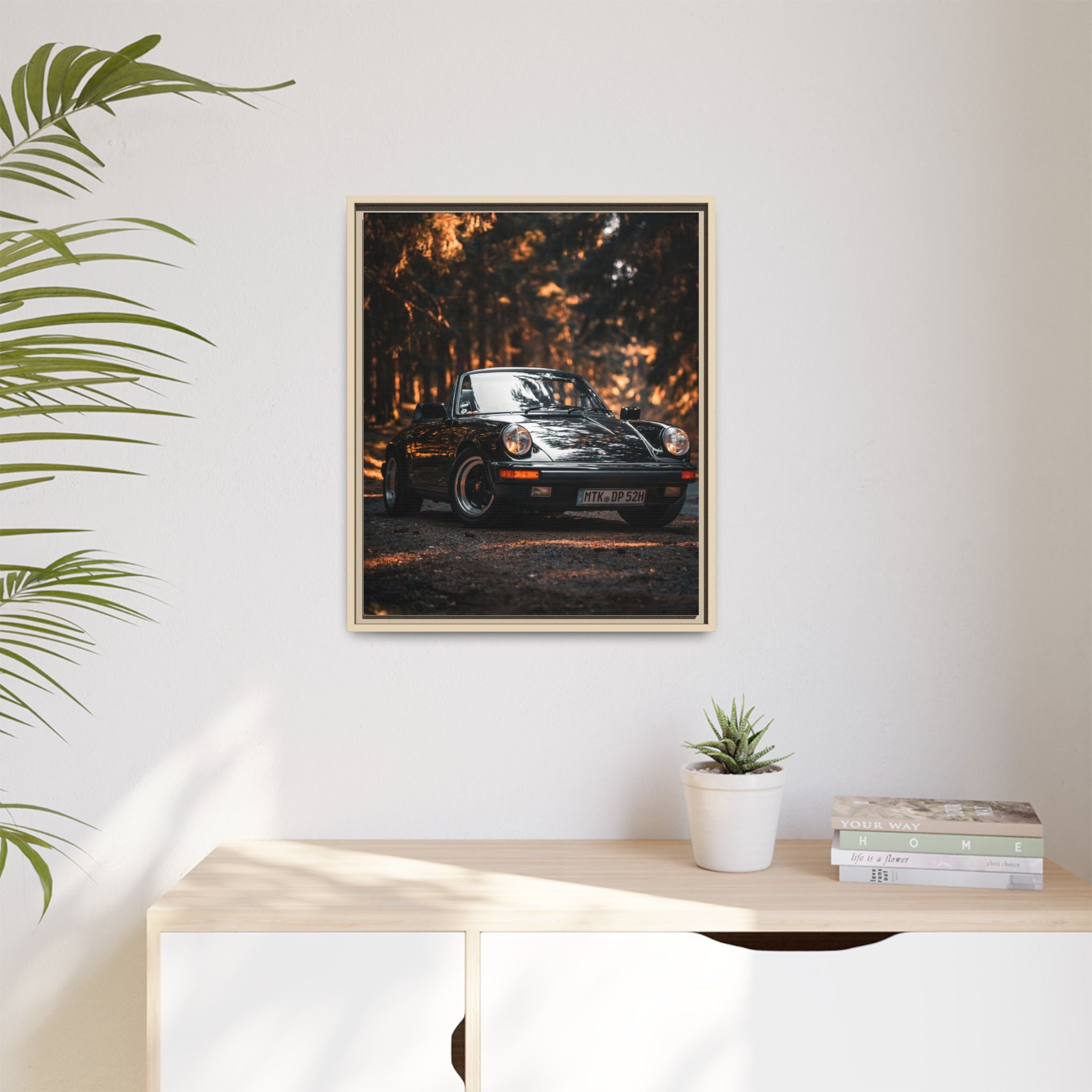 Framed Matte Canvas Print — Vintage Black Porsche in Autumn Forest