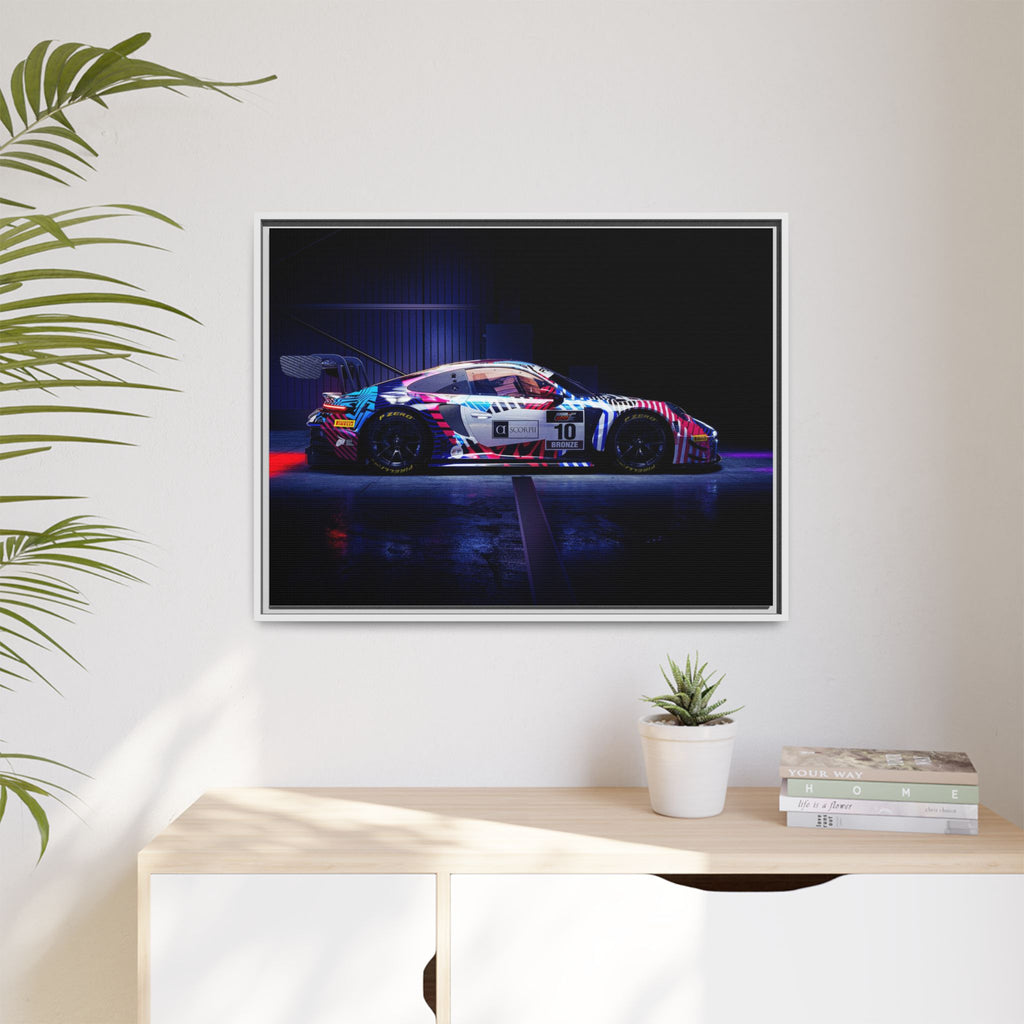 Framed Matte Canvas Print — Neon Racecar Wall Art