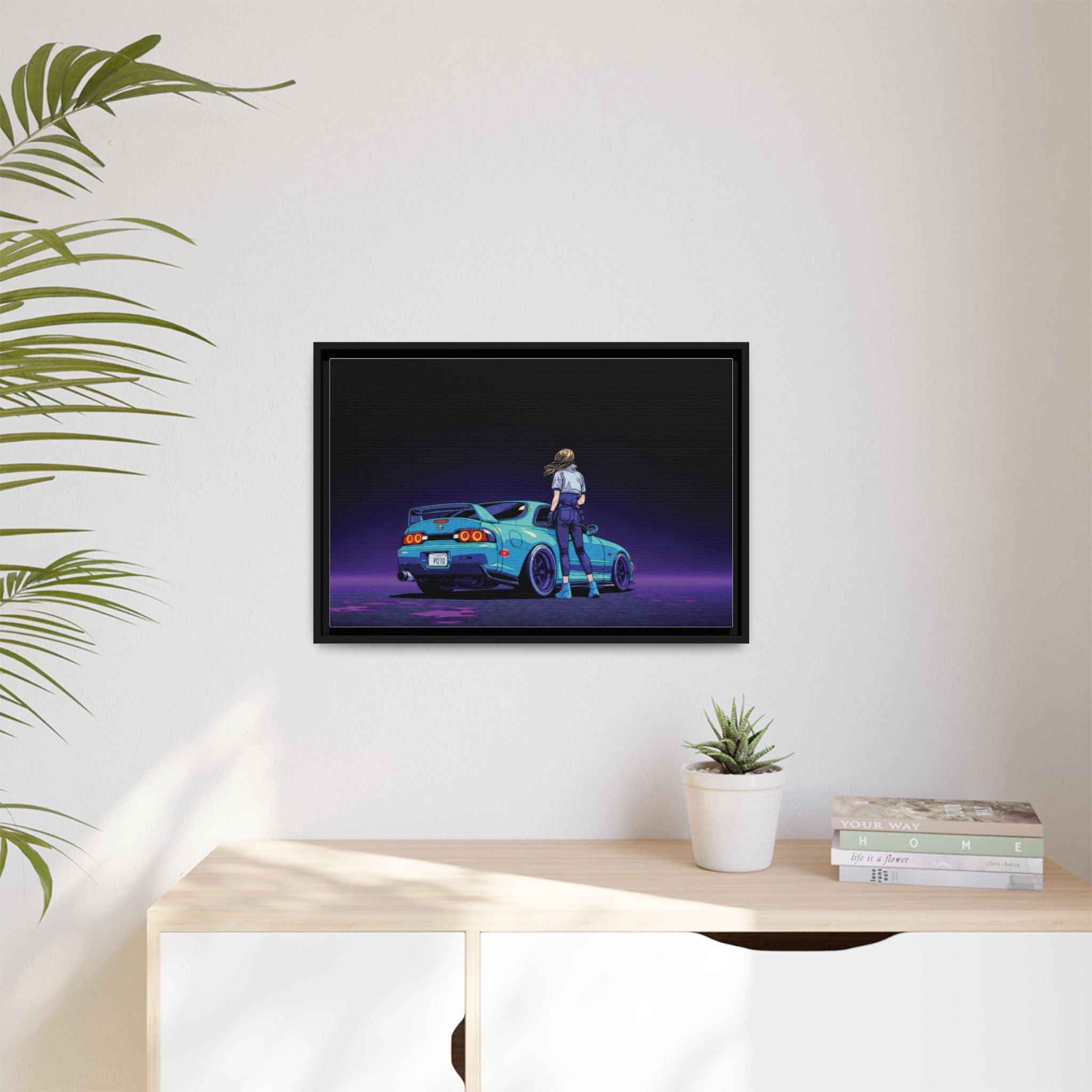 Retro Neon Race Car Poster Matte Canvas Framed | Anime Driver Wall Art