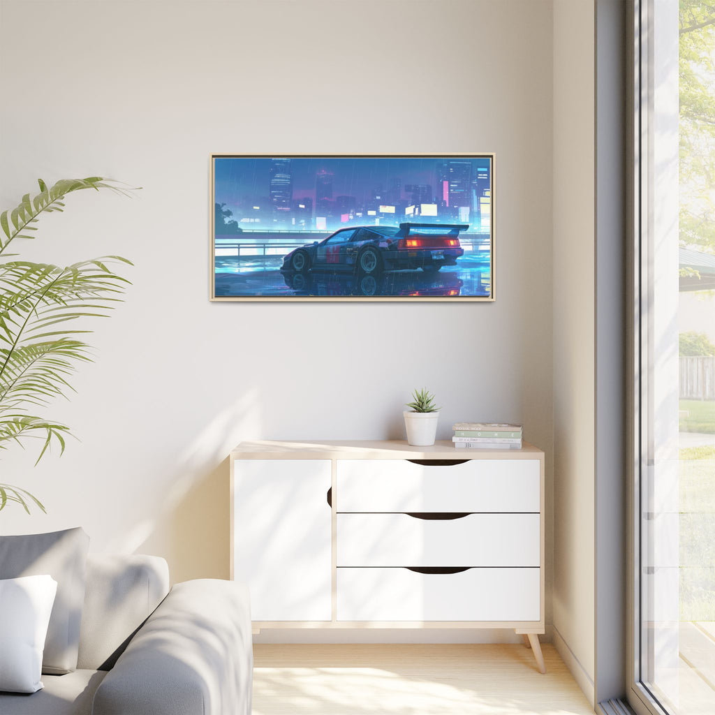 Retro Neon City Car Matte Canvas Print — Framed Wall Art