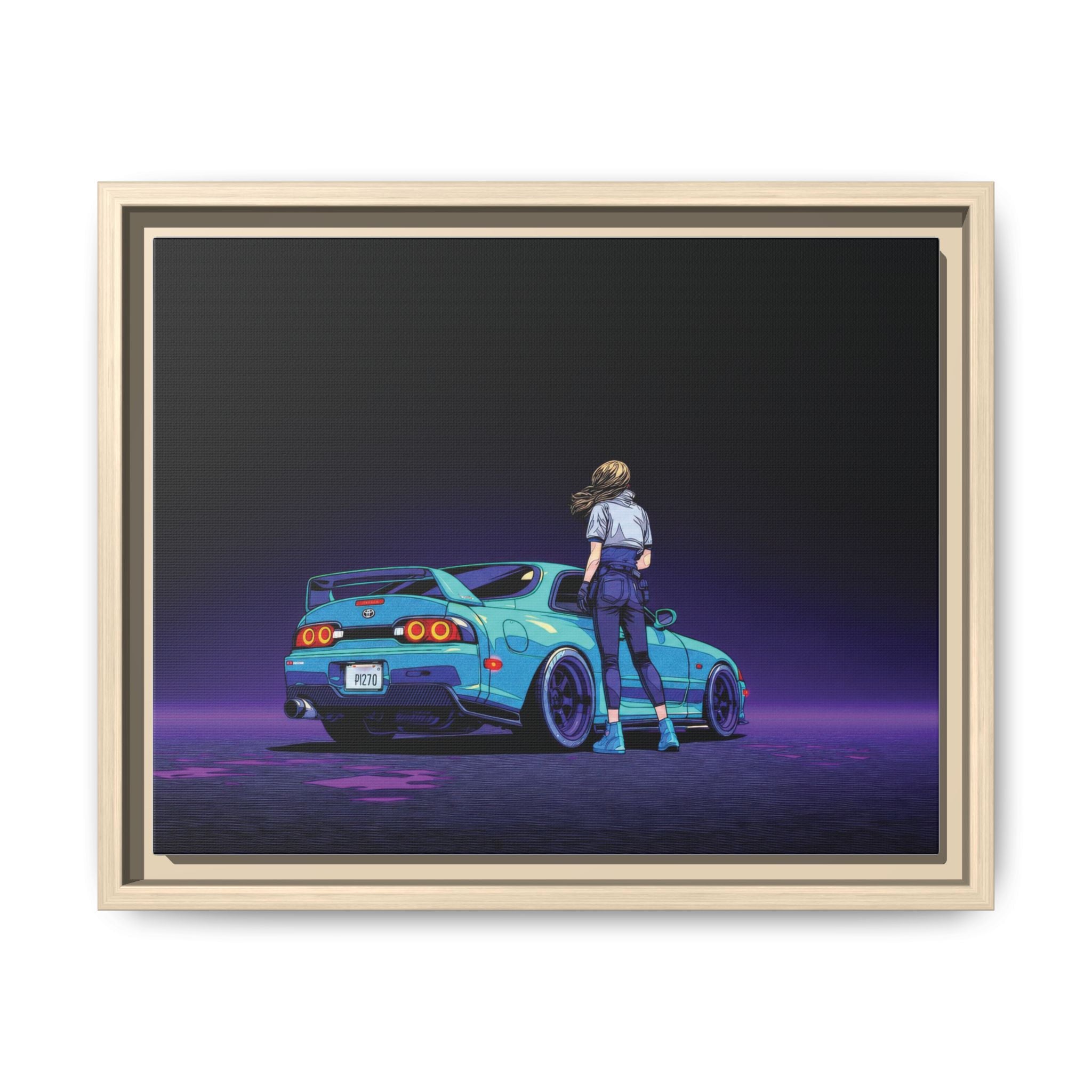 Retro Neon Race Car Poster Matte Canvas Framed | Anime Driver Wall Art