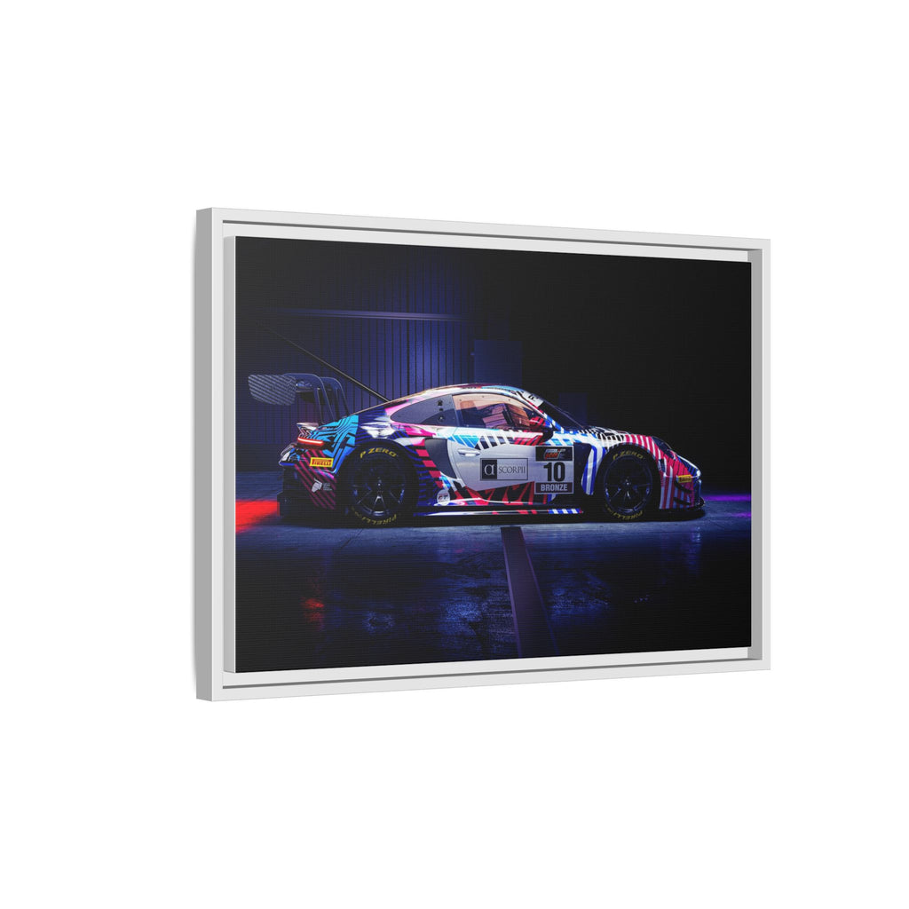 Framed Matte Canvas Print — Neon Racecar Wall Art
