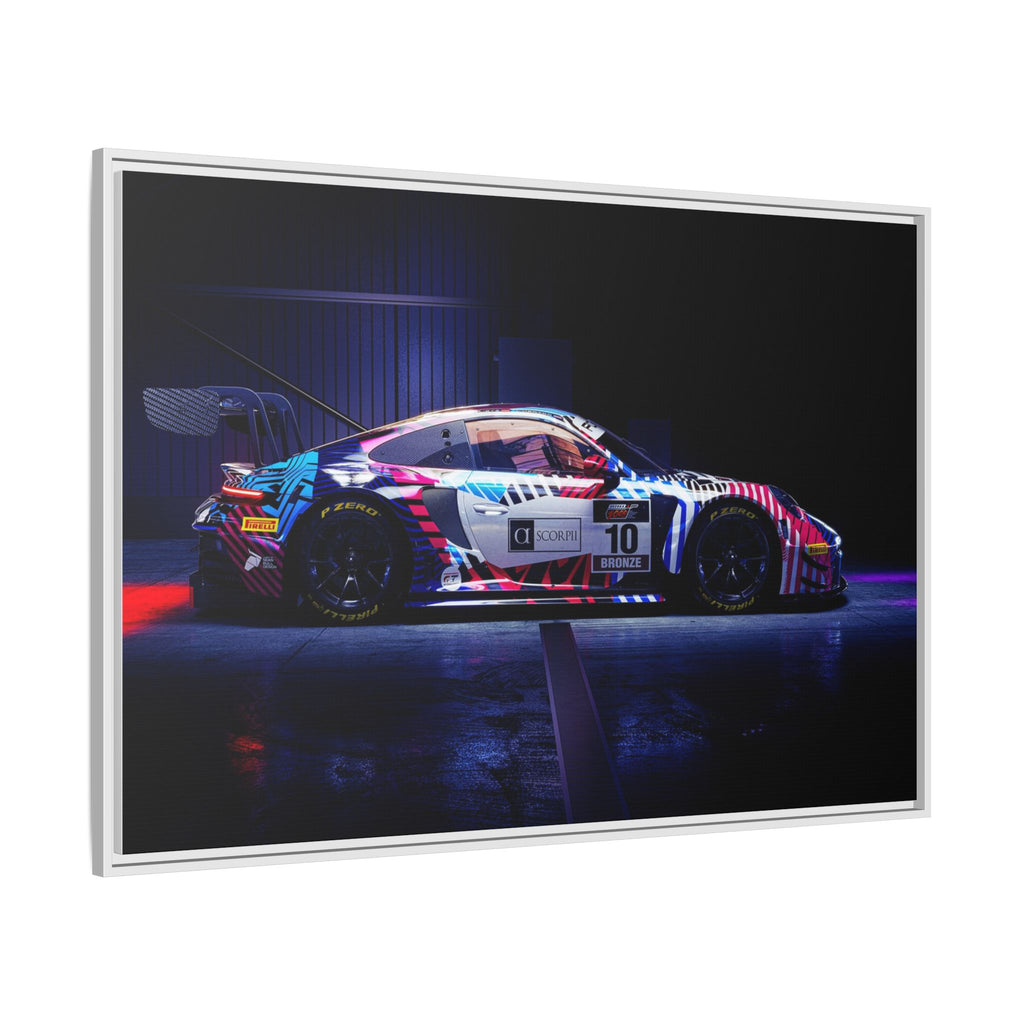 Framed Matte Canvas Print — Neon Racecar Wall Art