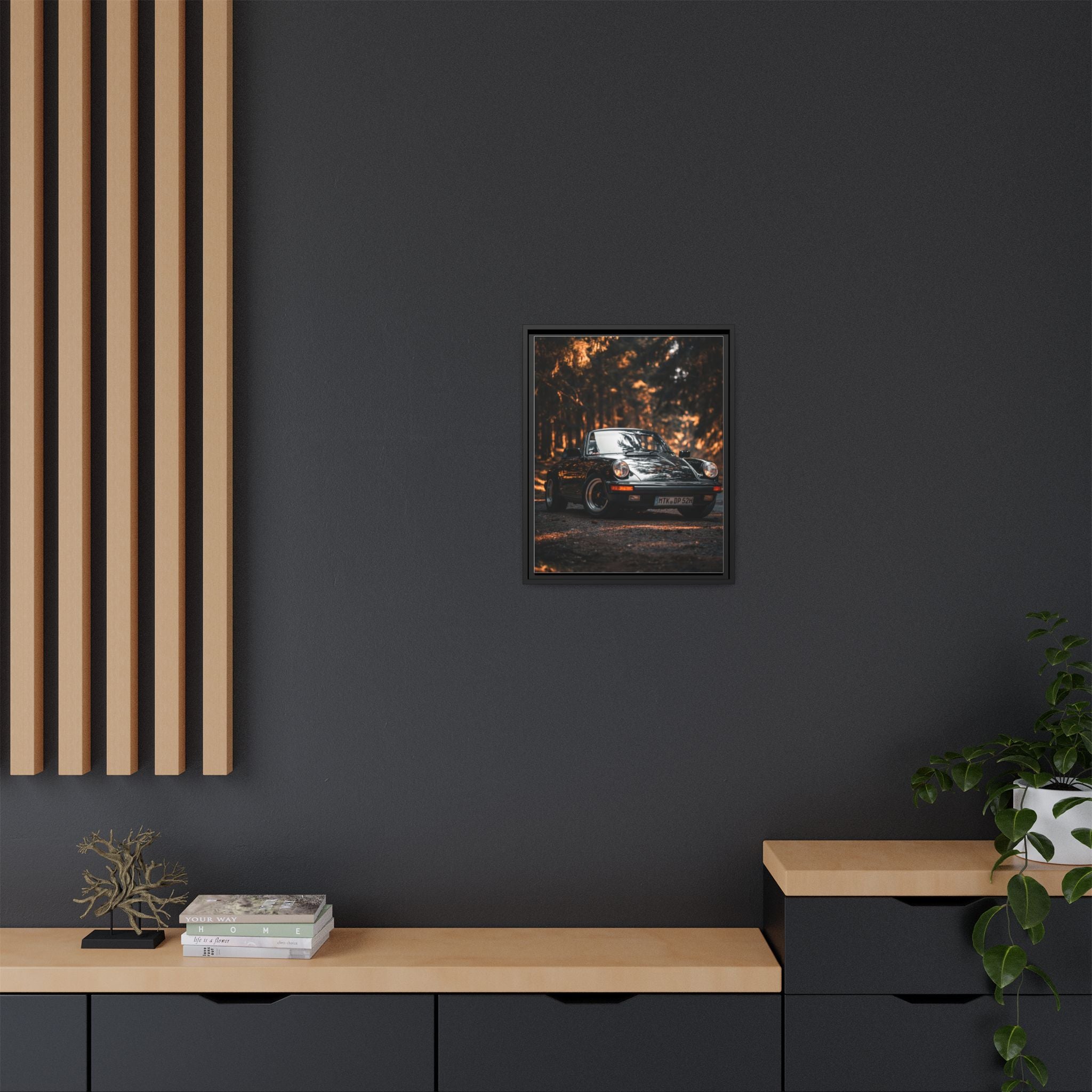 Framed Matte Canvas Print — Vintage Black Porsche in Autumn Forest