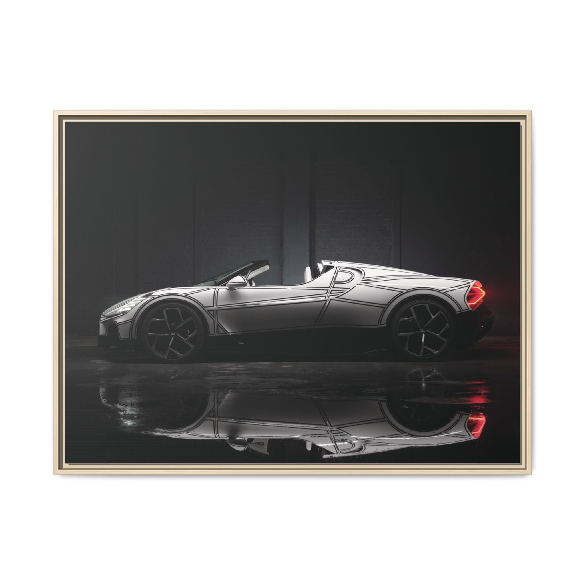 Framed Matte Canvas: Sleek Sports Car Reflection Wall Art